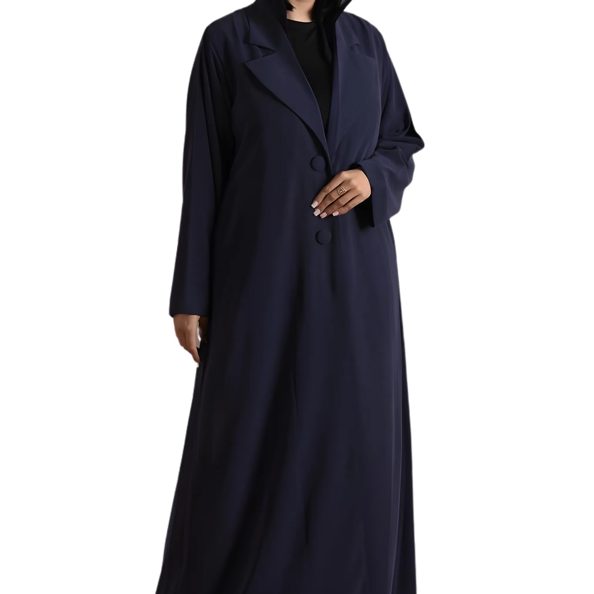 Navy blue abaya worn by a women on a white background
