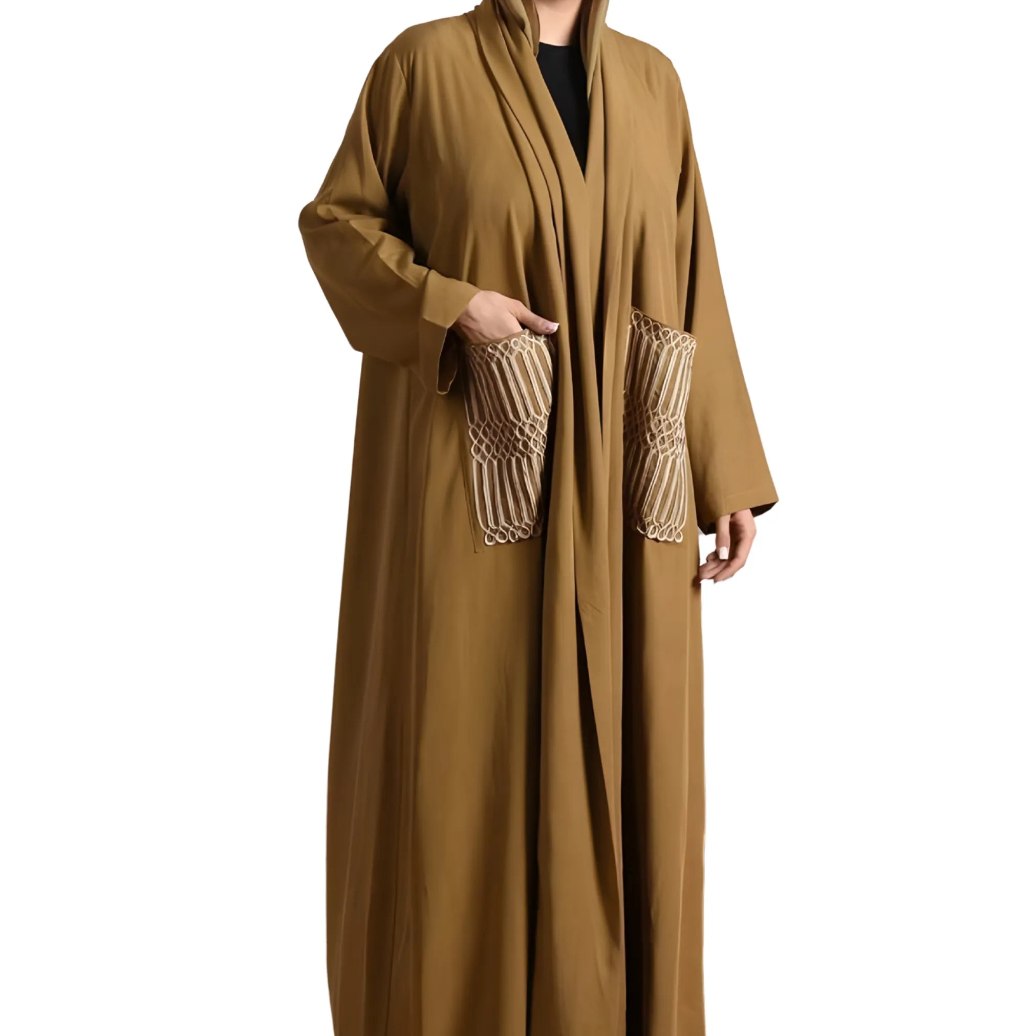Olive green abaya with textured pockets on a white background