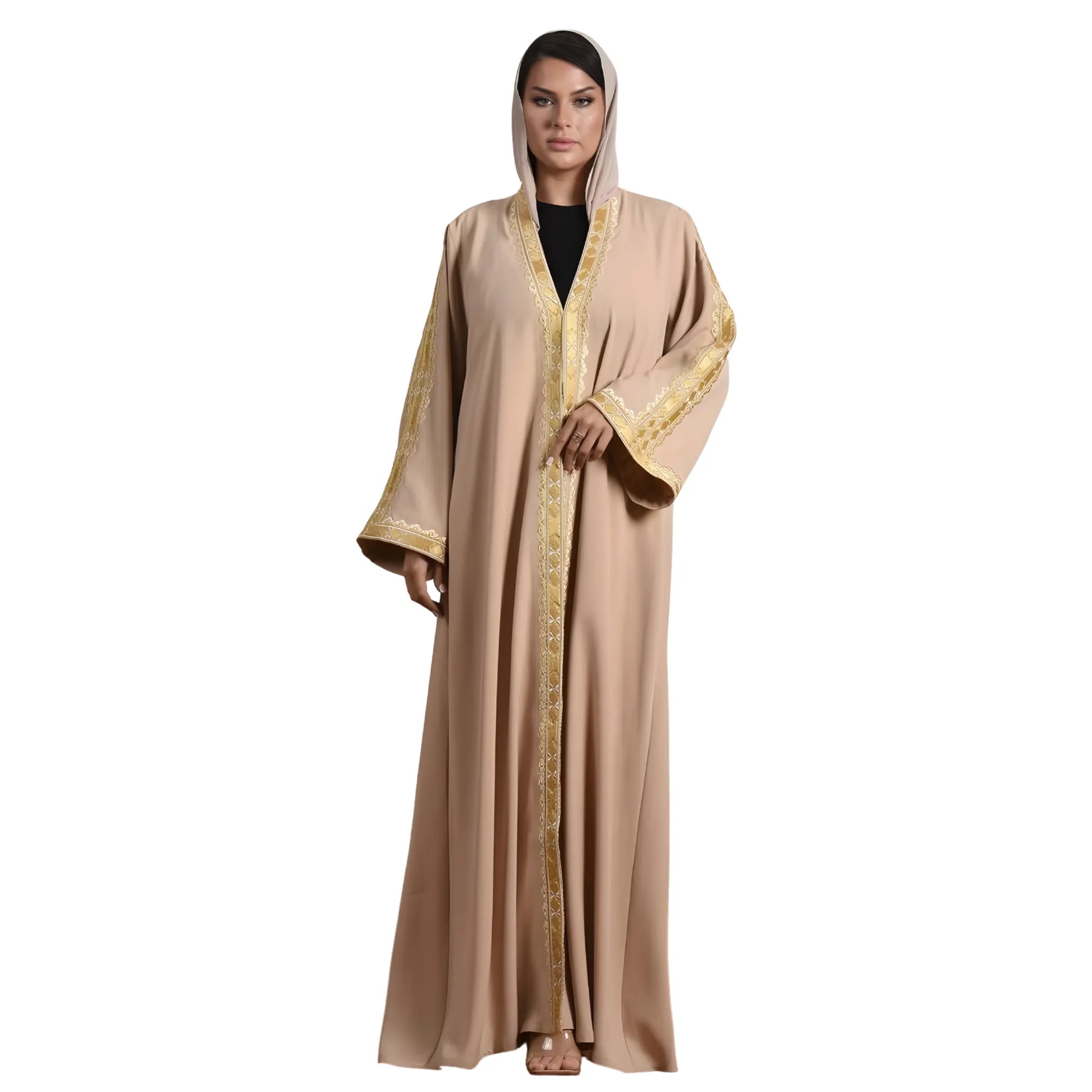 Woman wearing a beige abaya with gold embroidery on a white background