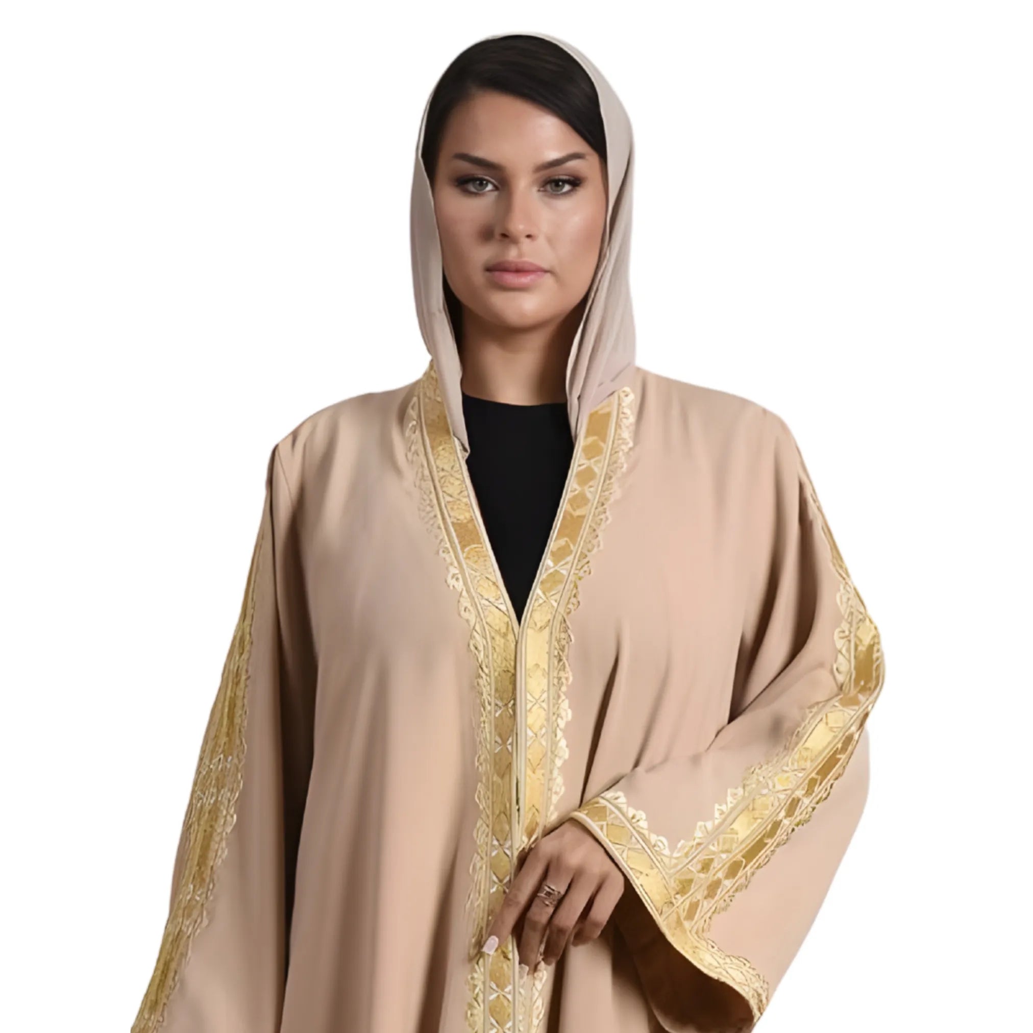 Woman wearing a beige abaya with gold embroidery on a white background
