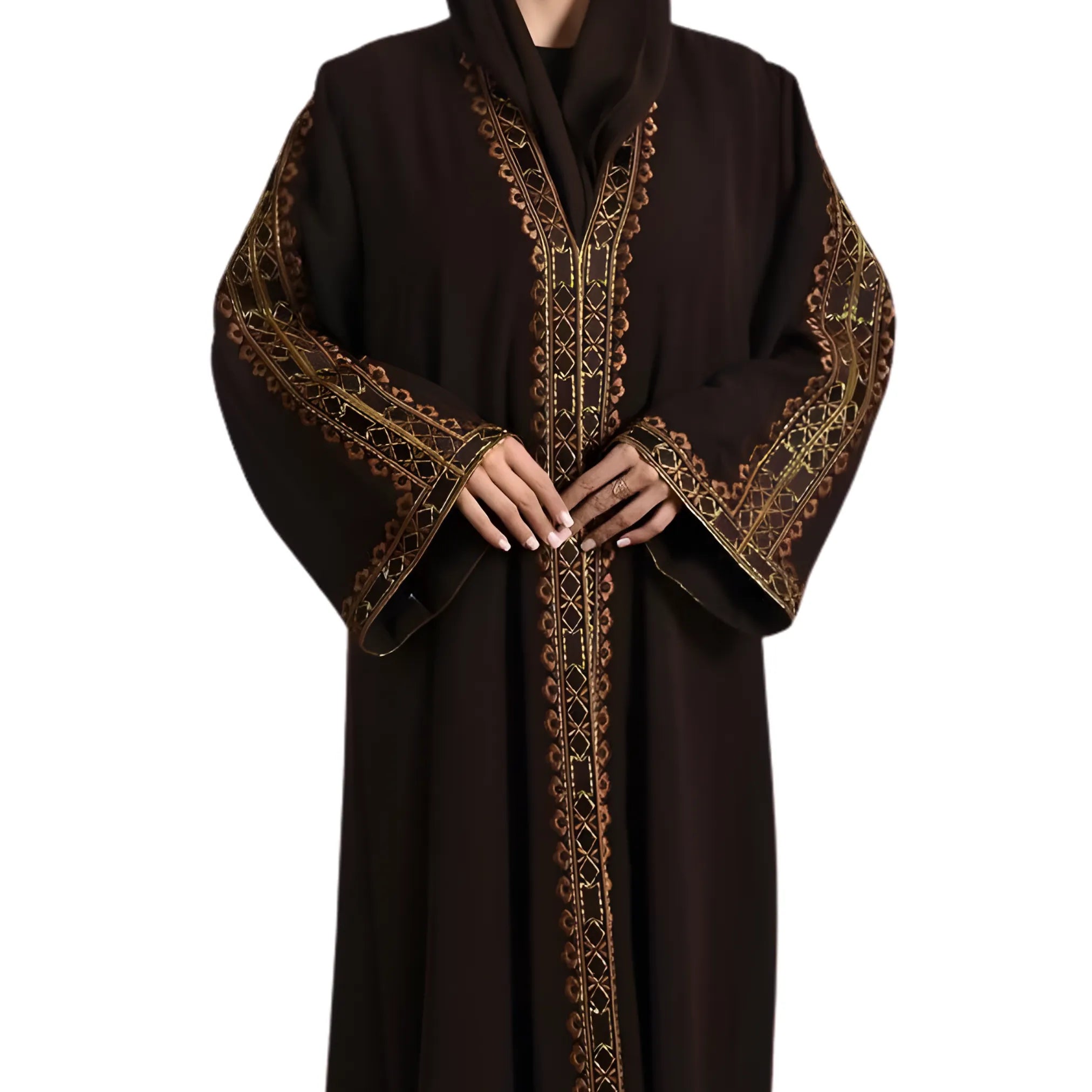 Dark Brown abaya with gold embroidery on a white background