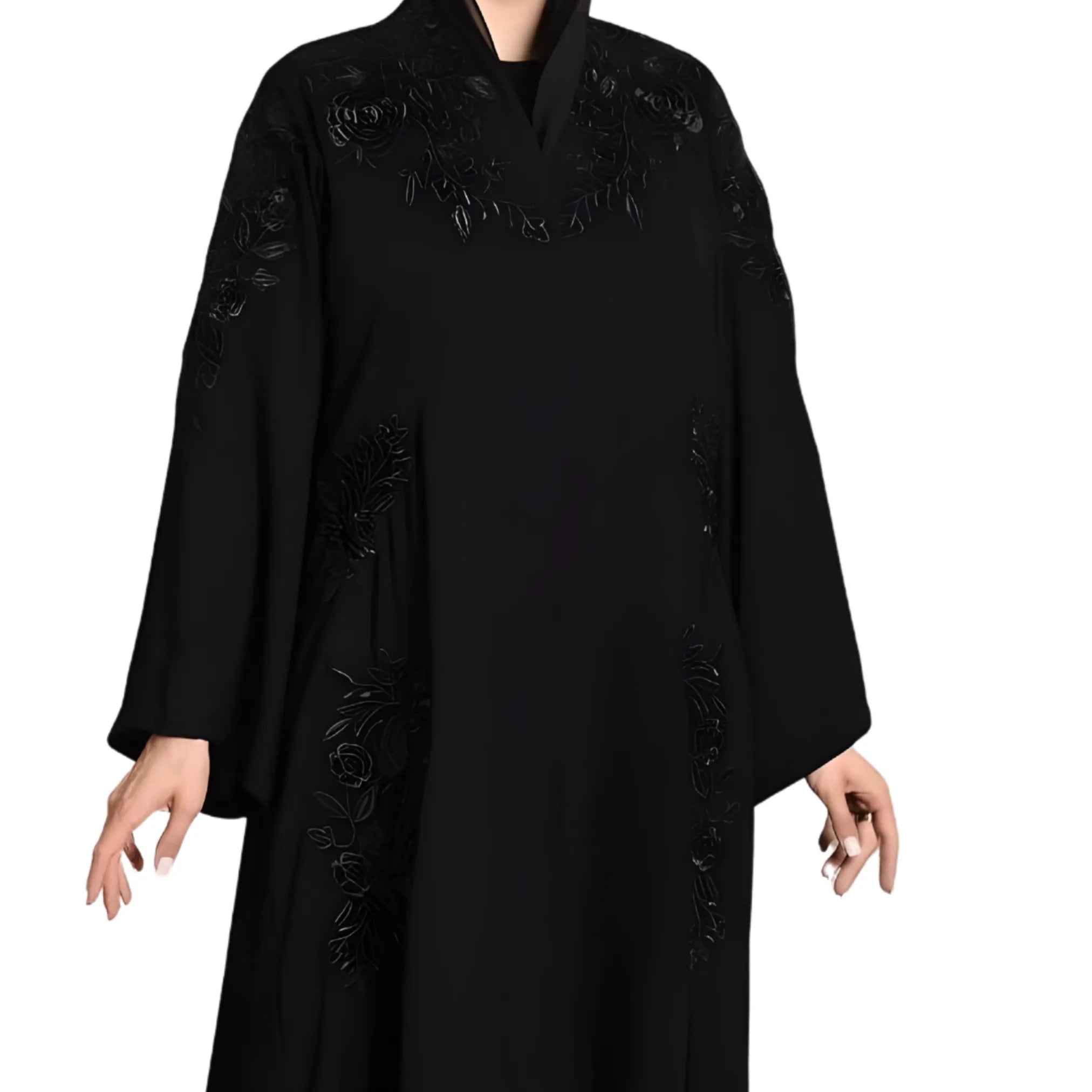 Black abaya with floral embroidery on a white background