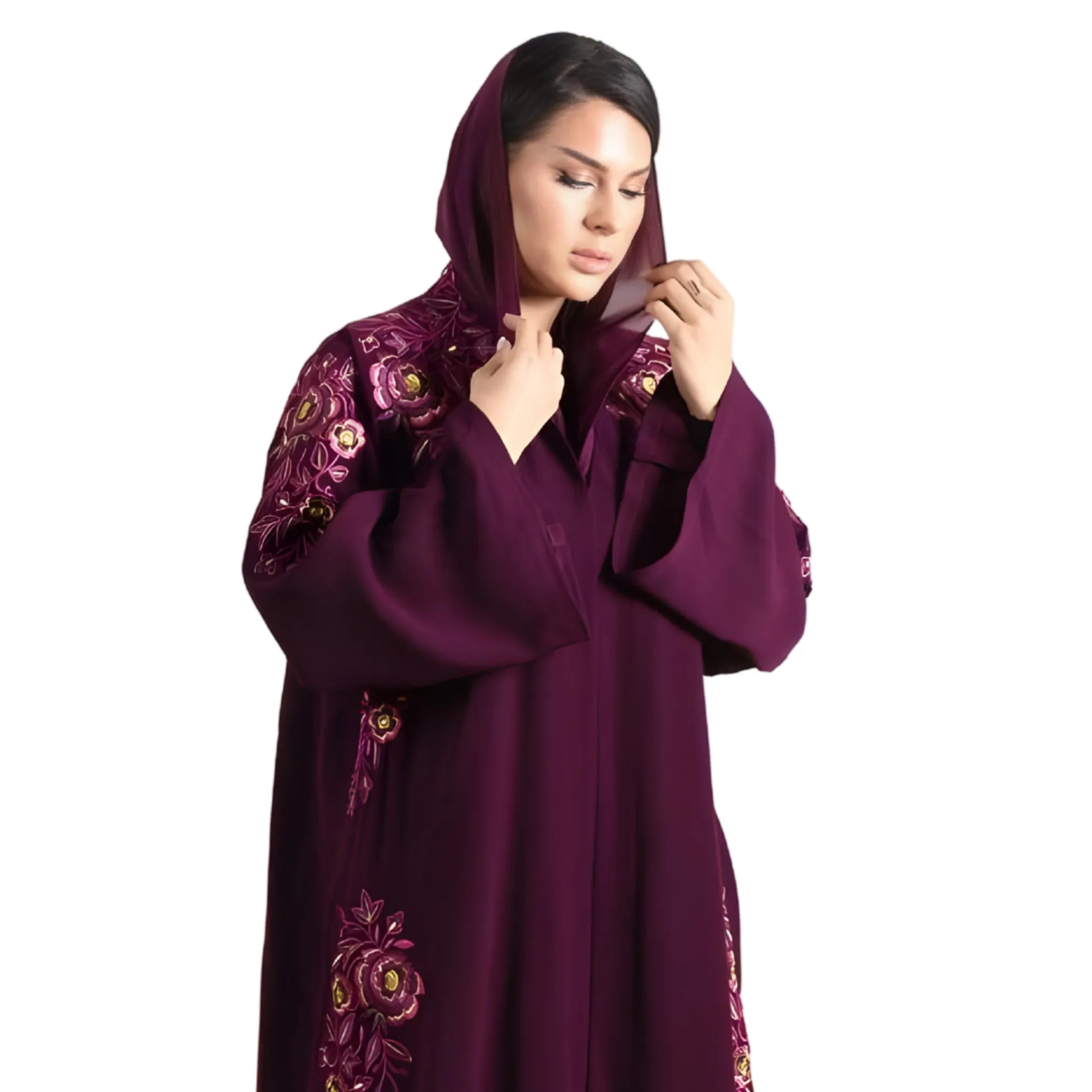 Woman wearing a purple embroidered abaya on a white background