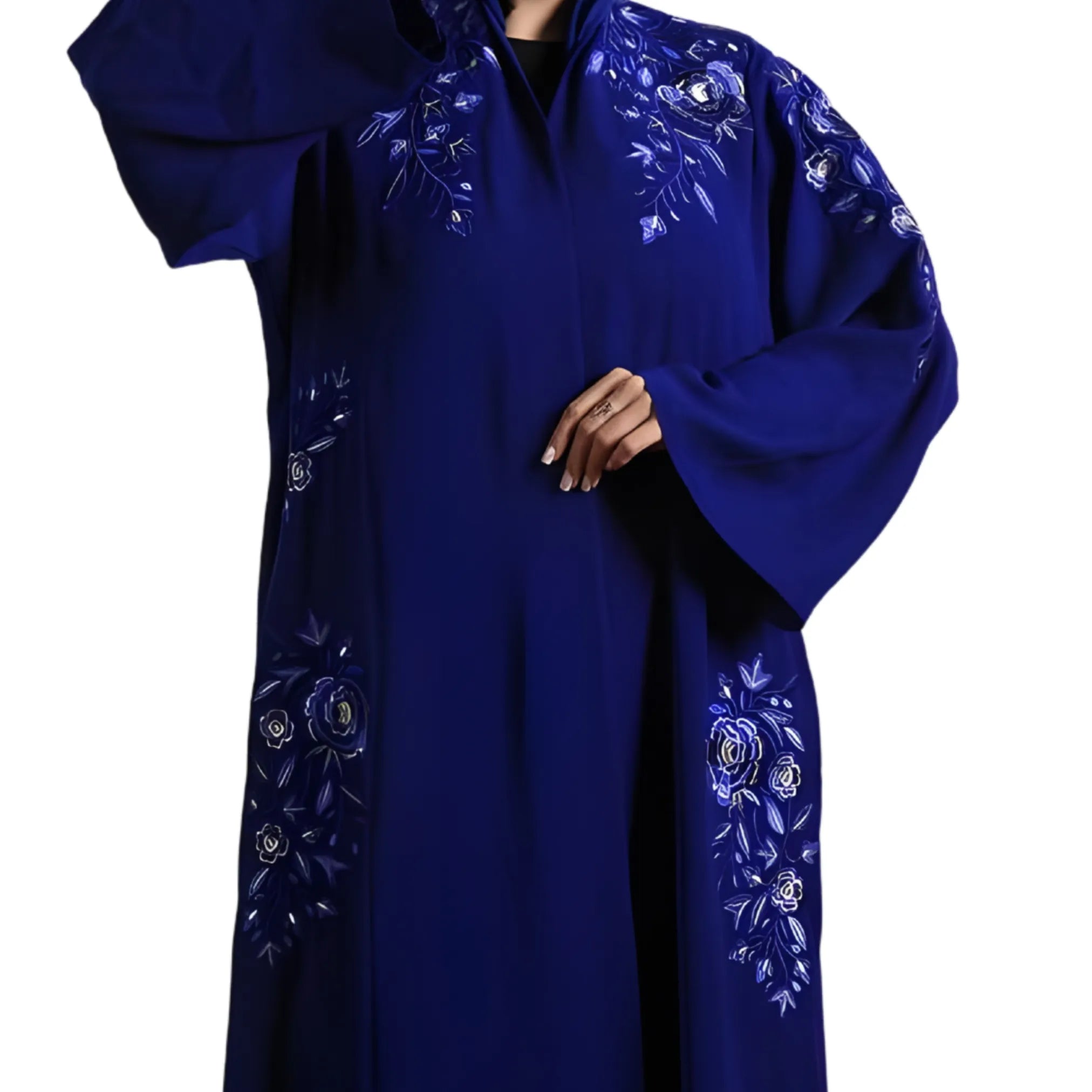 Blue embroidered abaya with floral embroidery on a white background