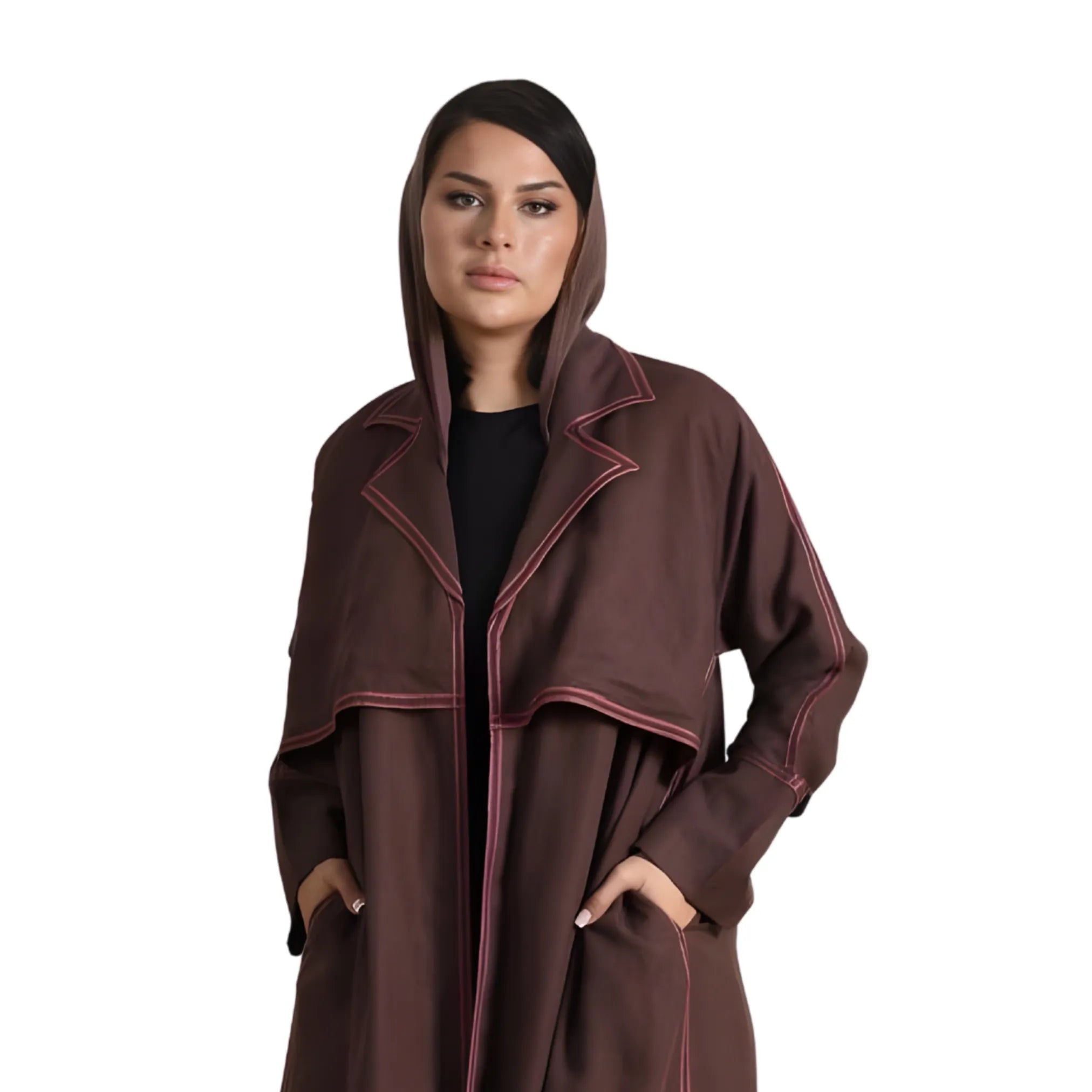 Woman wearing a brown hooded coat Abaya on a white background