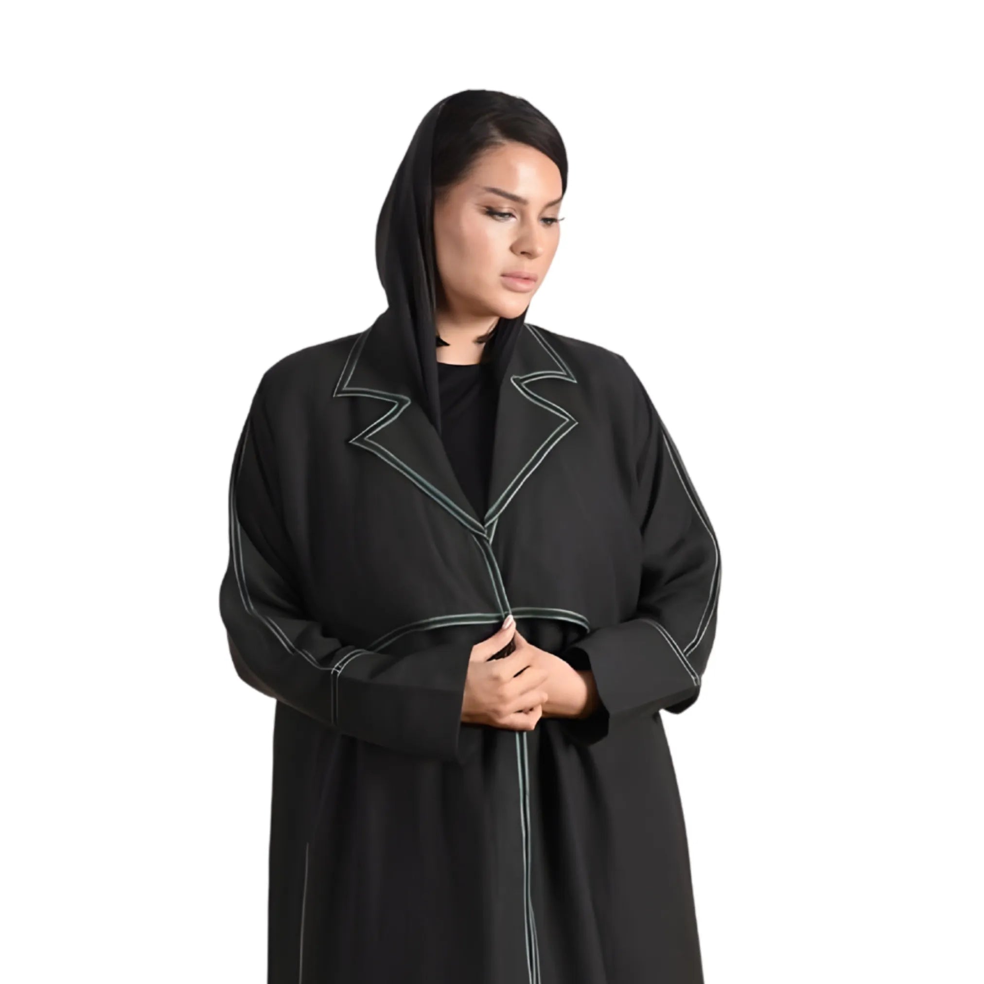Person wearing a black Abaya with white trim on a white background