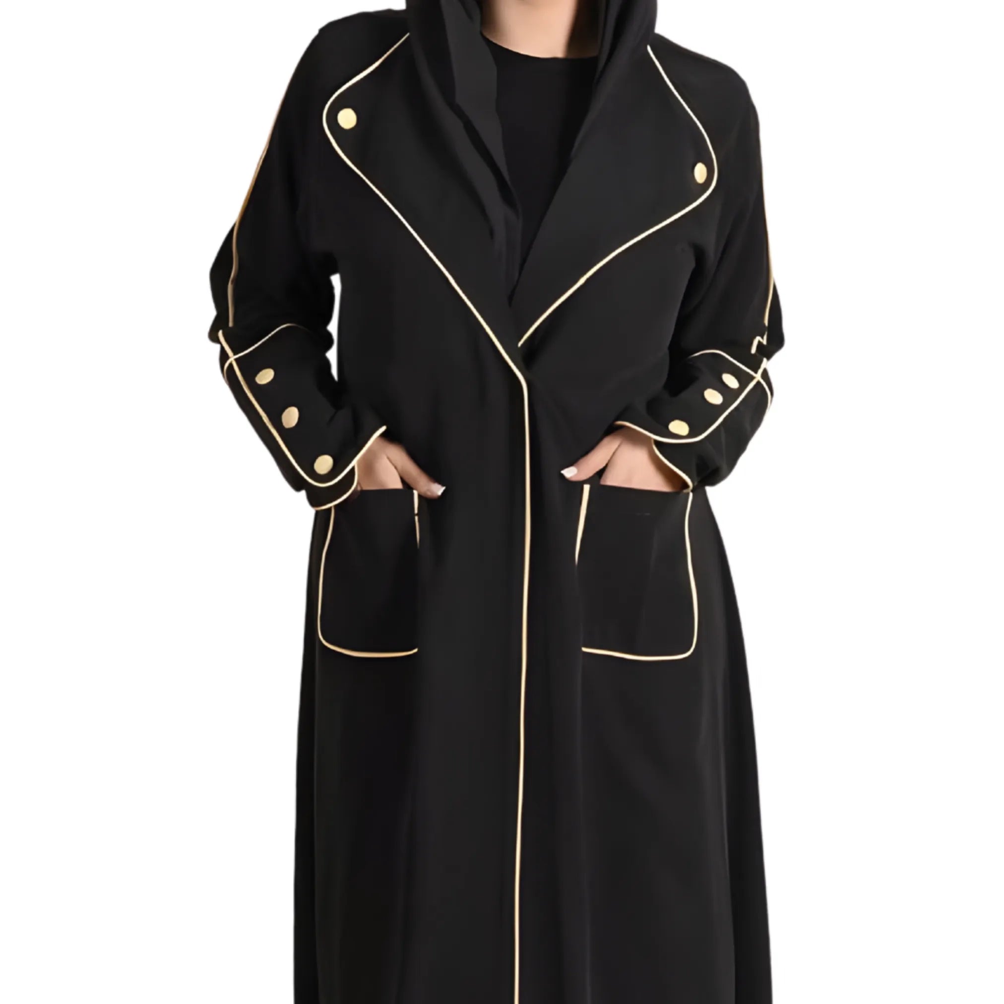 Black Abaya with gold trim on a white background
