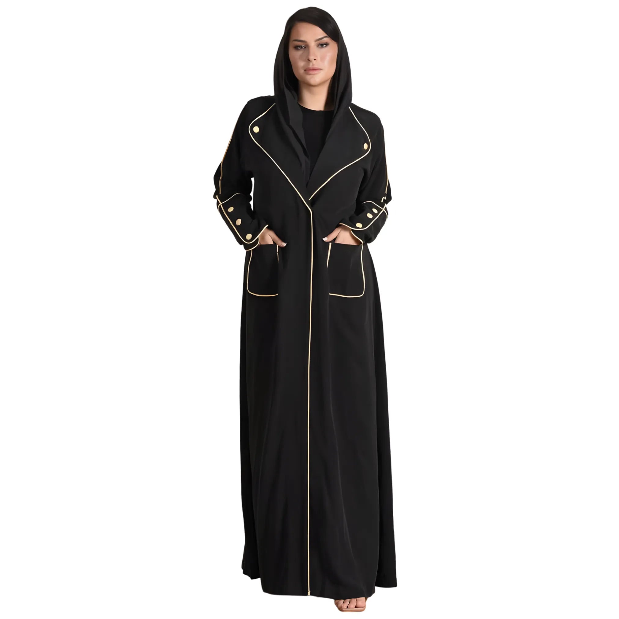 Woman wearing a black abaya with gold accents on a white background