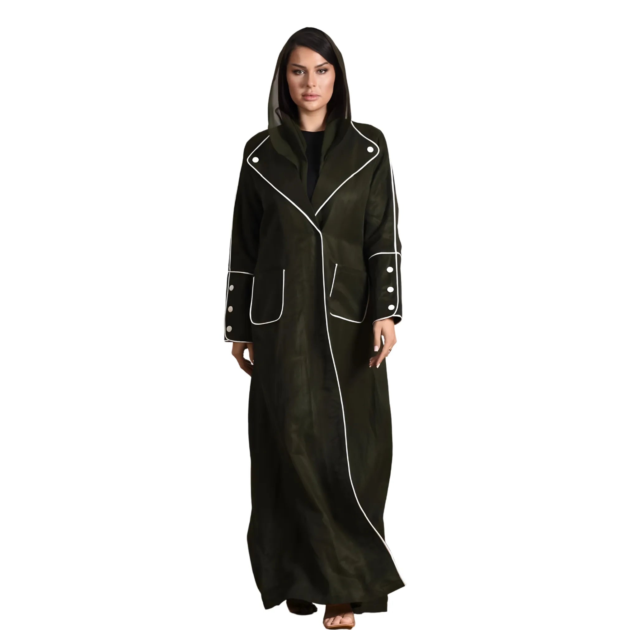 Woman wearing a black coat Abaya with white trim on a white background