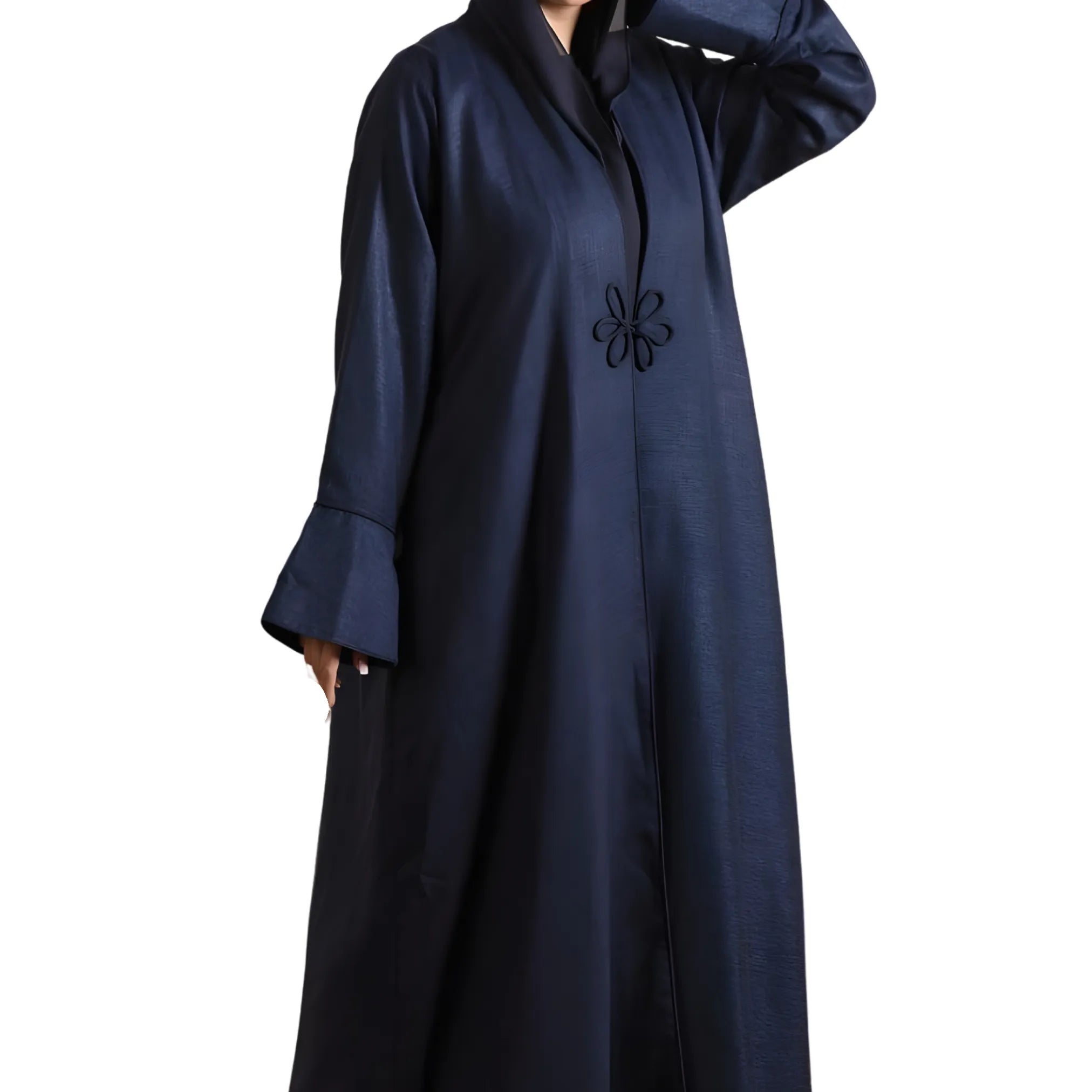 Navy blue abaya with floral embroidery on a white background