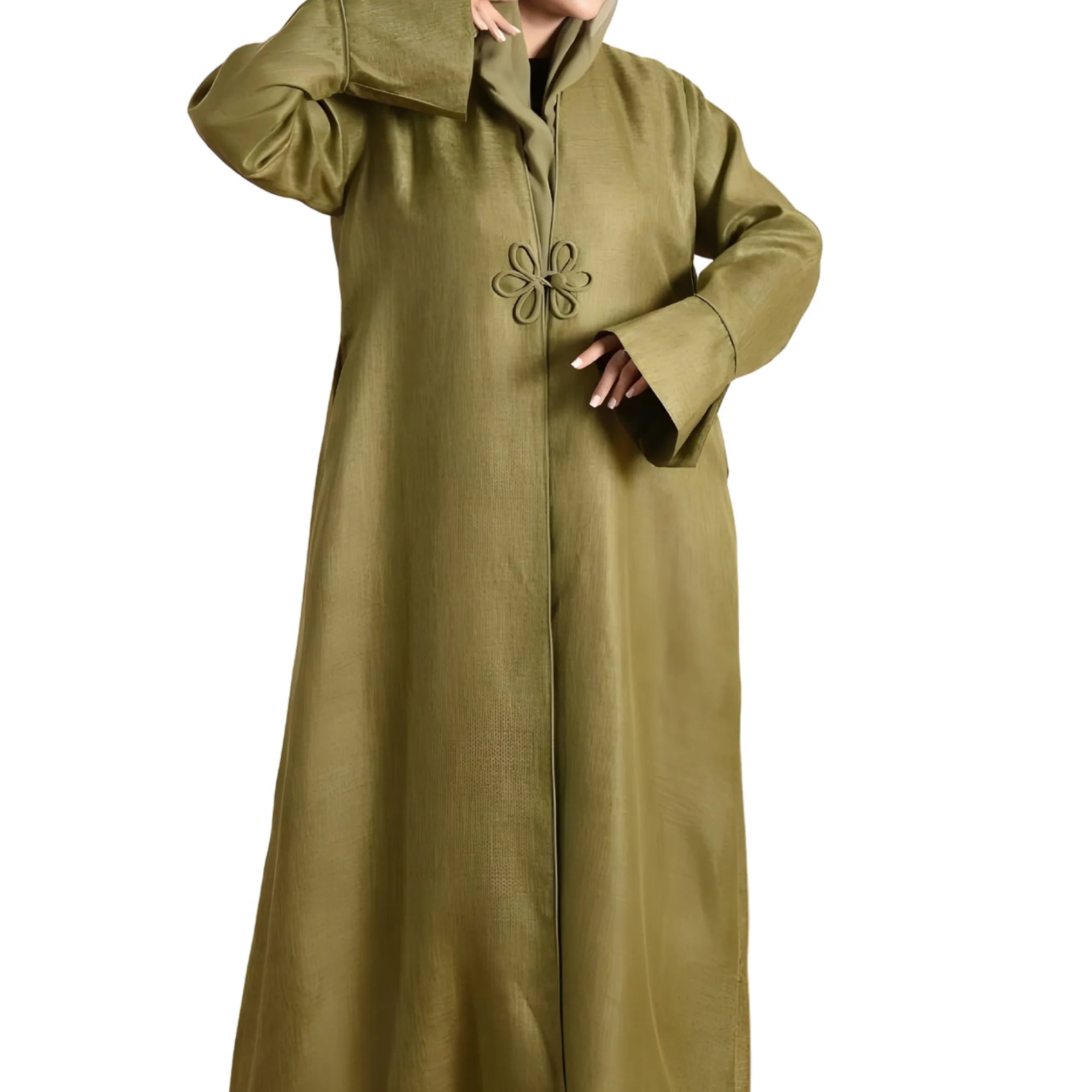 Long olive green coat with a floral emblem on a white background