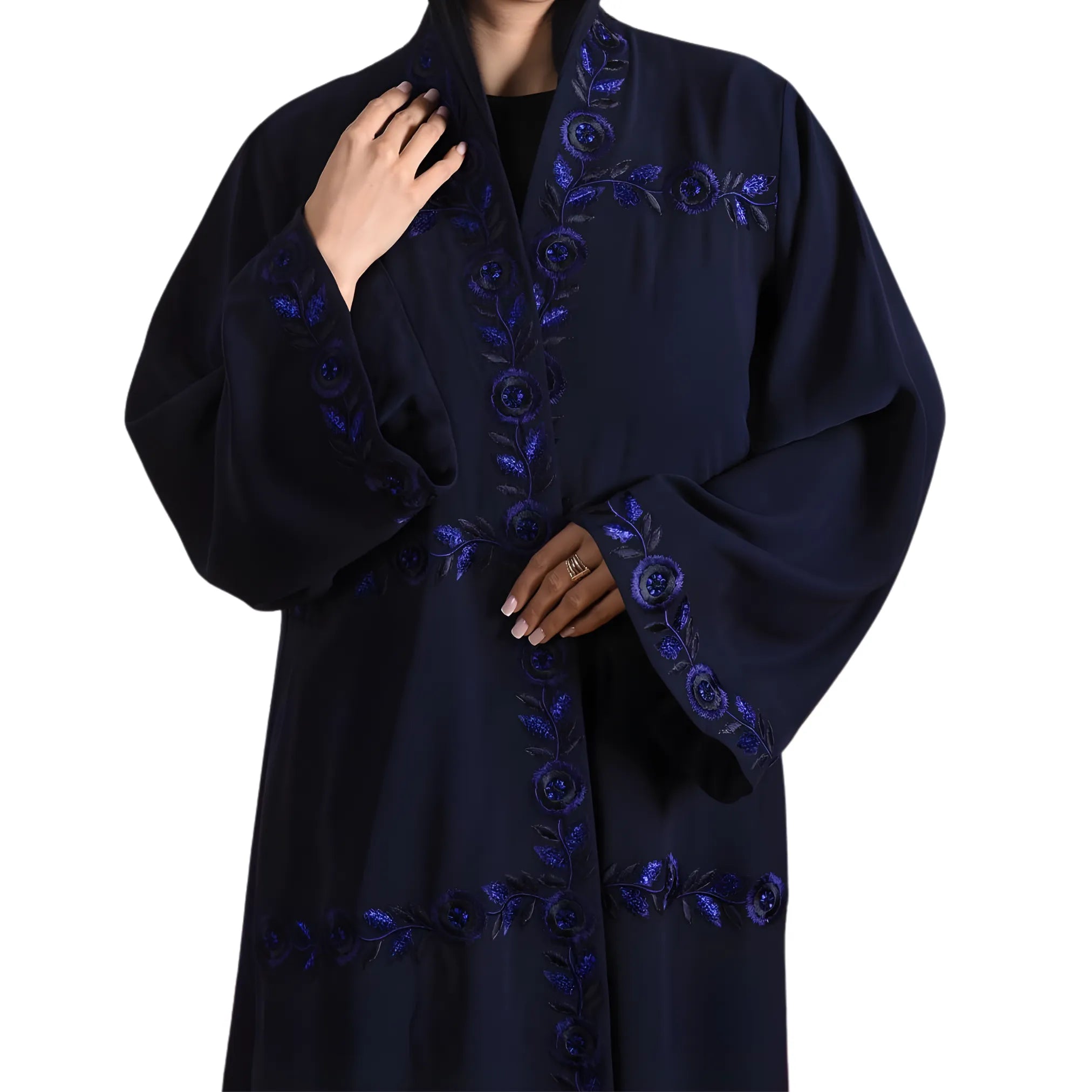Navy blue coat with floral embroidery on a white background