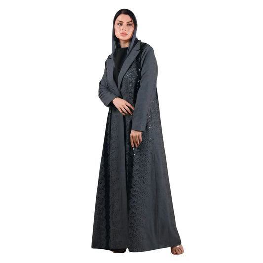 عباية من الصوف الفحمي مع لوحات ترتر دقيقة