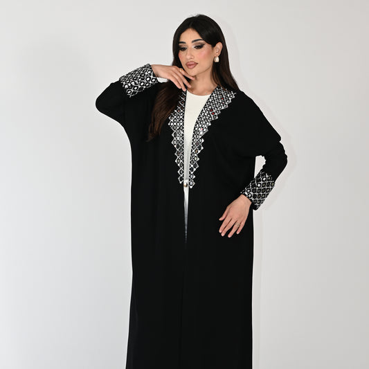 Plain Black Abaya with Silver Beads Hand Embroidery Designs in Front and Wrist Area