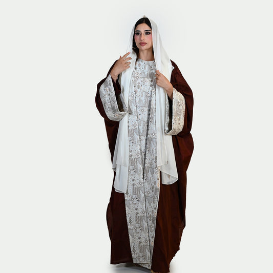 Elegant Abaya Set with Geometrical Patterns on Inner Dress, Scarf and Cuffs - in Copper Brown Color