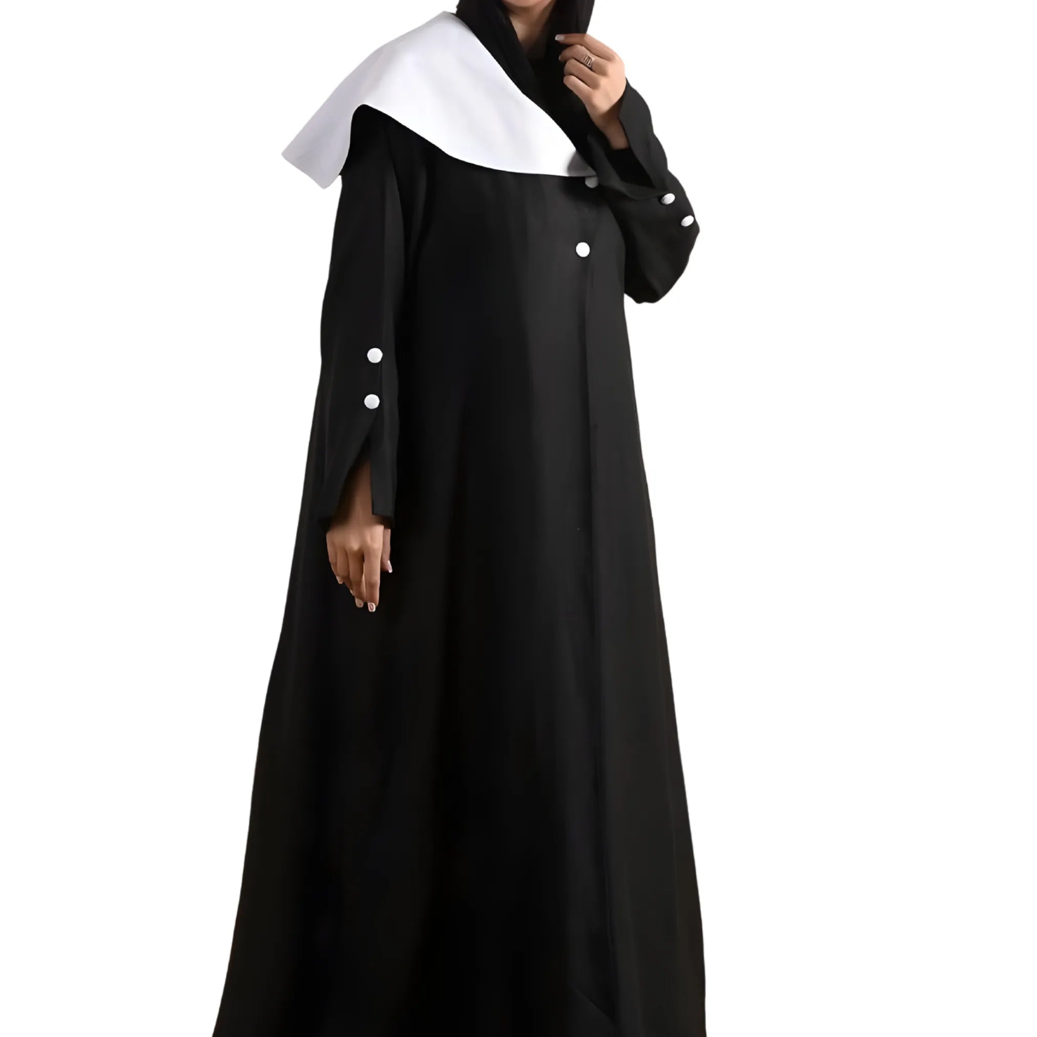 Black abaya with white collar and chiffon scarf on a white background