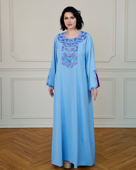 Two-Tone Jalabiya with Hand Embroidery Designs - in Powder Blue Color