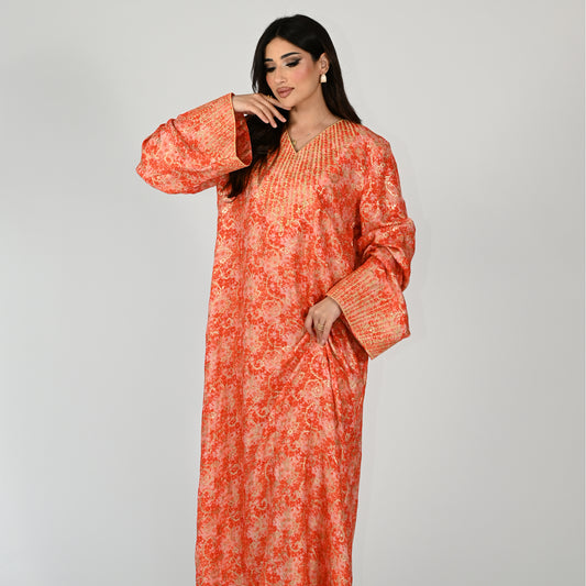 Peach Orange Patterned Jalabiya with Embroidery Designs on Collar and Sleeves