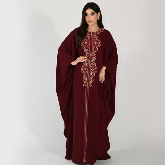 Plain Jalabiya with Hand Embroidery Designs in Front - in Maroon Color
