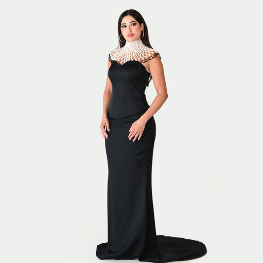 Elegant Black Evening Floor-Length Gown with Intricate Pearl-Beaded Collar