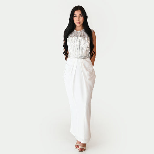 Elegant Midi Dress with Sheer Silver Sequin Accents & in Draped Wrap-Bottom Style