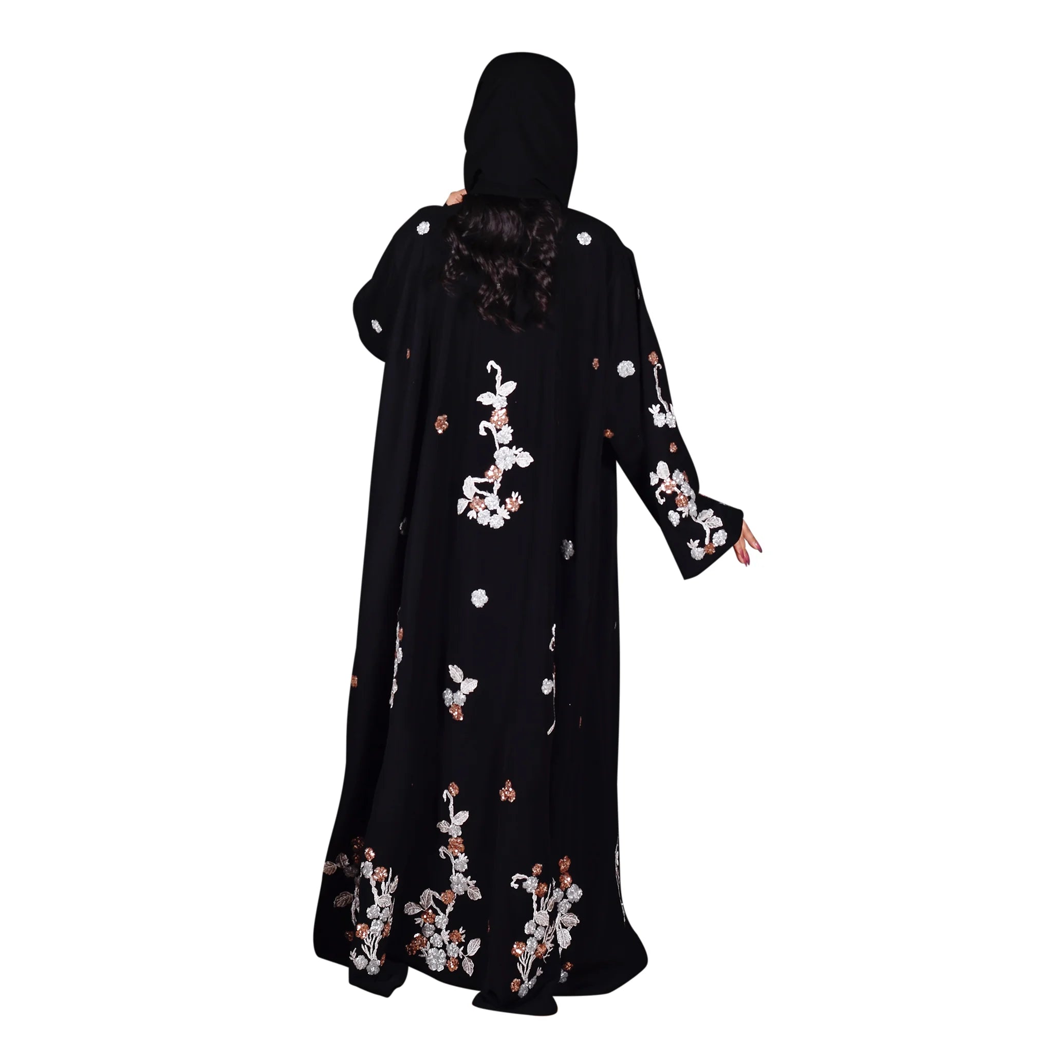 Black abaya with floral embroidery on a white background