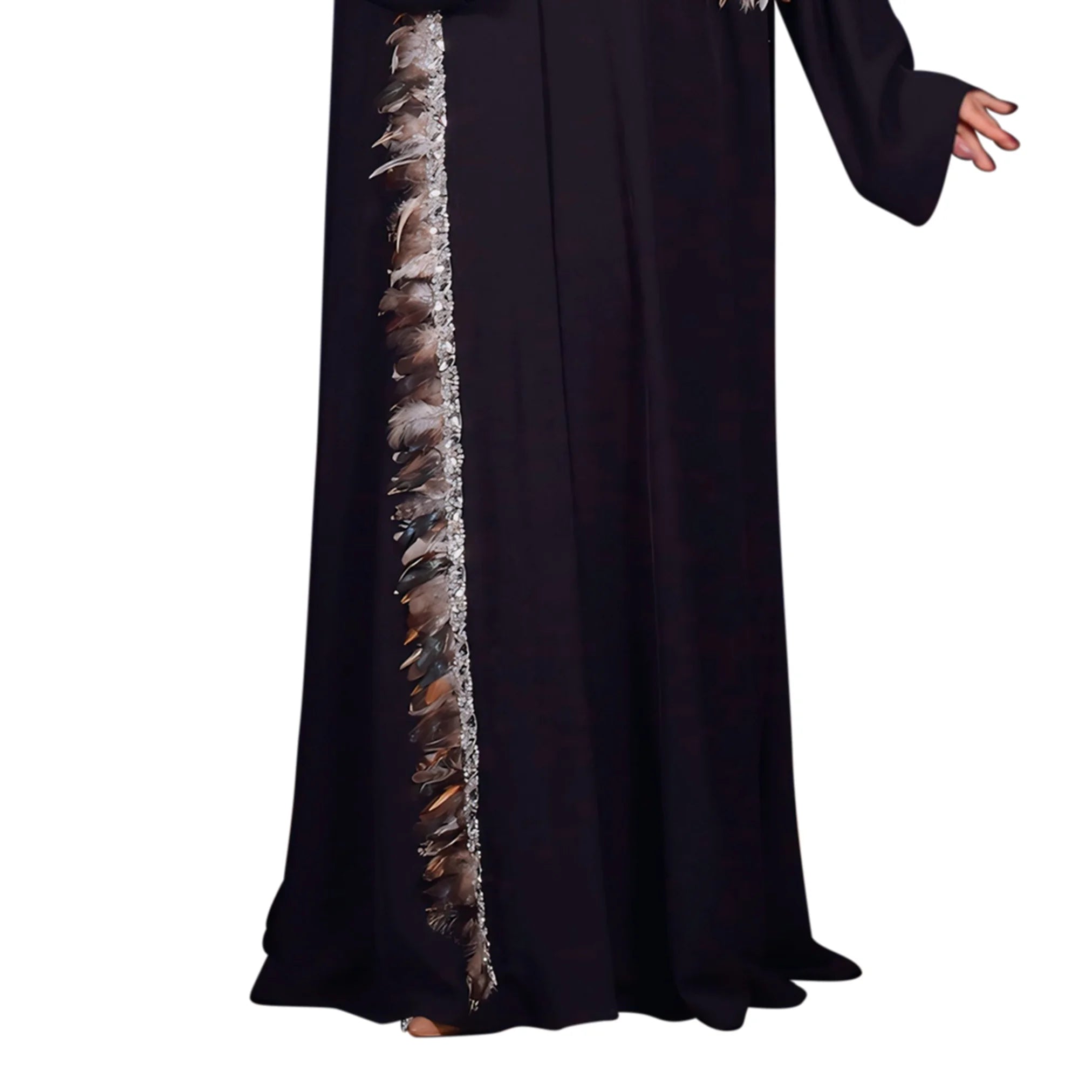 Black abaya with feather detailing on a white background