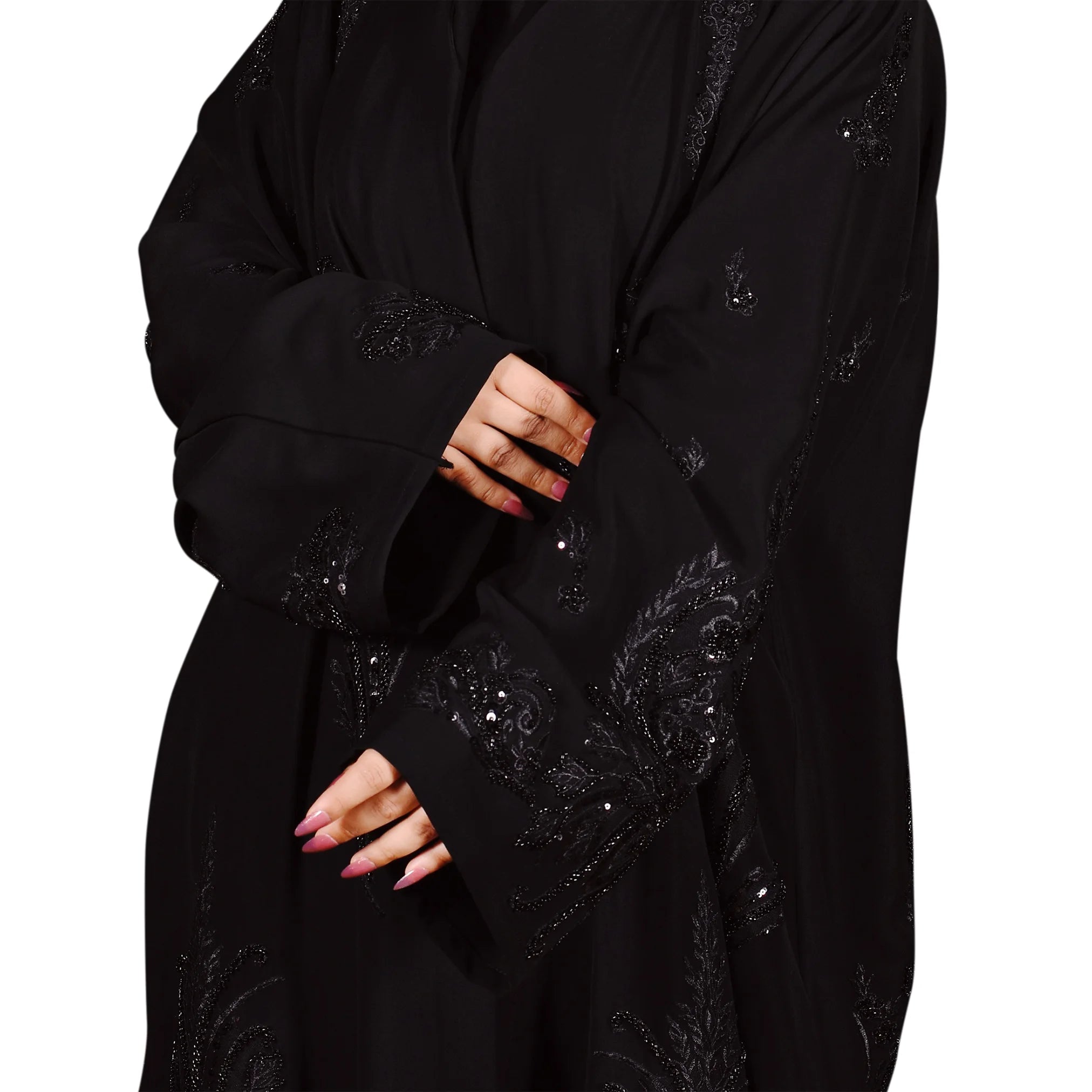 Black abaya with intricate designs on a white background