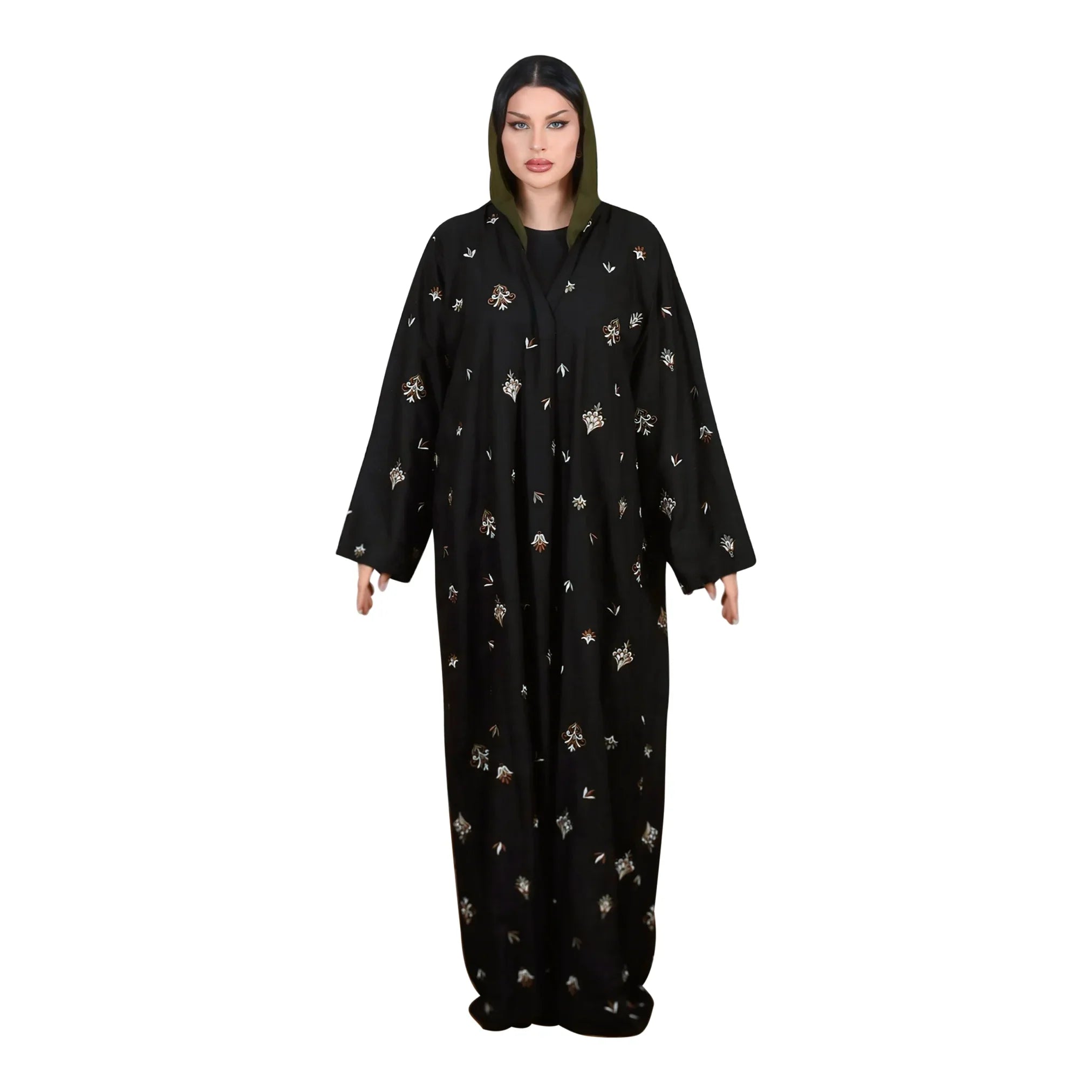 Women wearing black-linen-abaya-floral-embroidery-front-bazzah-couture