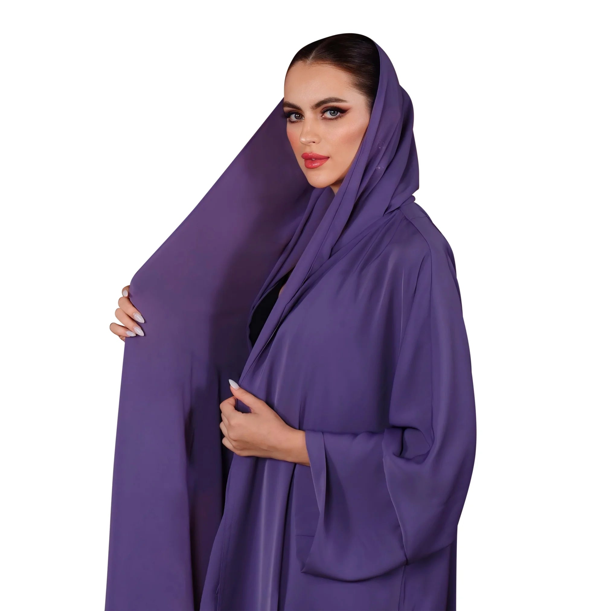 Woman wearing a purple abaya on a white background