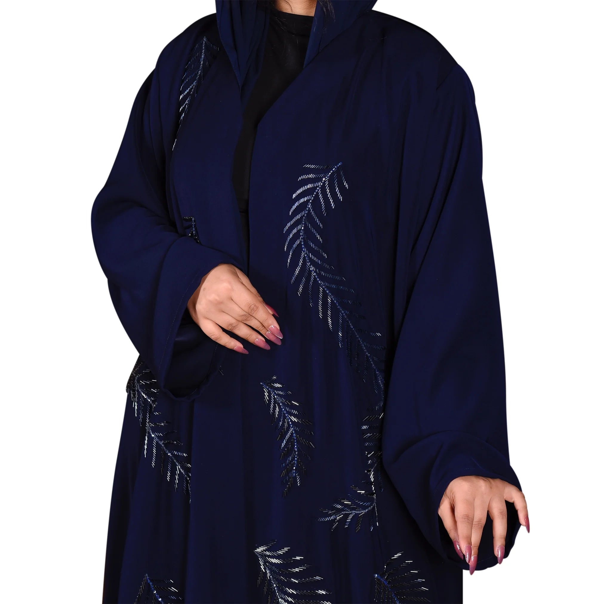 Navy blue abaya with white embroidery on a white background
