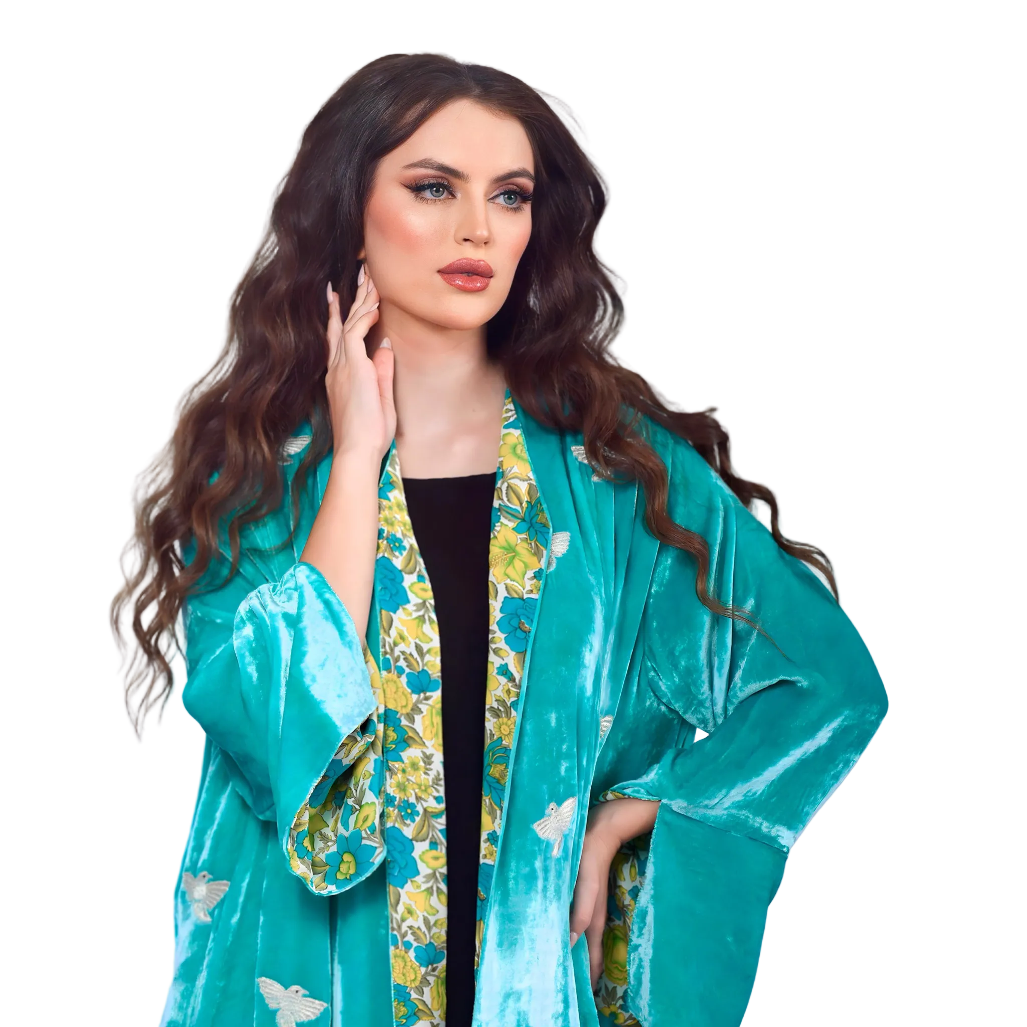 Luxury sea-blue velvet abaya with hand-embroidered birds and silk floral lining