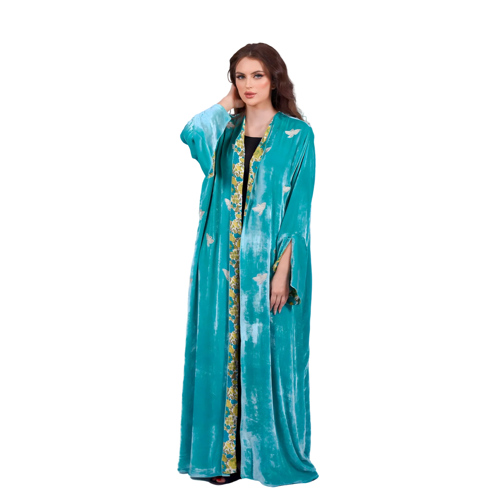 Luxury sea-blue velvet abaya with hand-embroidered birds and silk floral lining