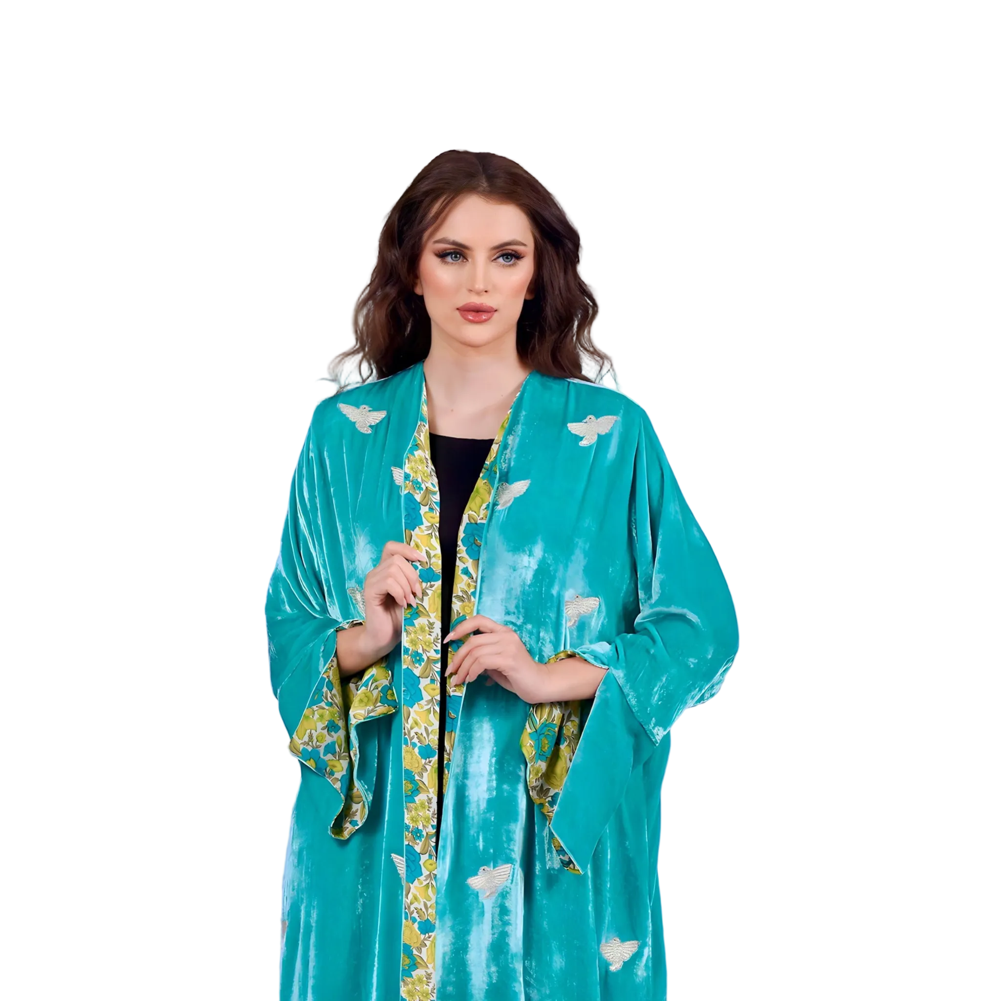 Luxury sea-blue velvet abaya with hand-embroidered birds and silk floral lining