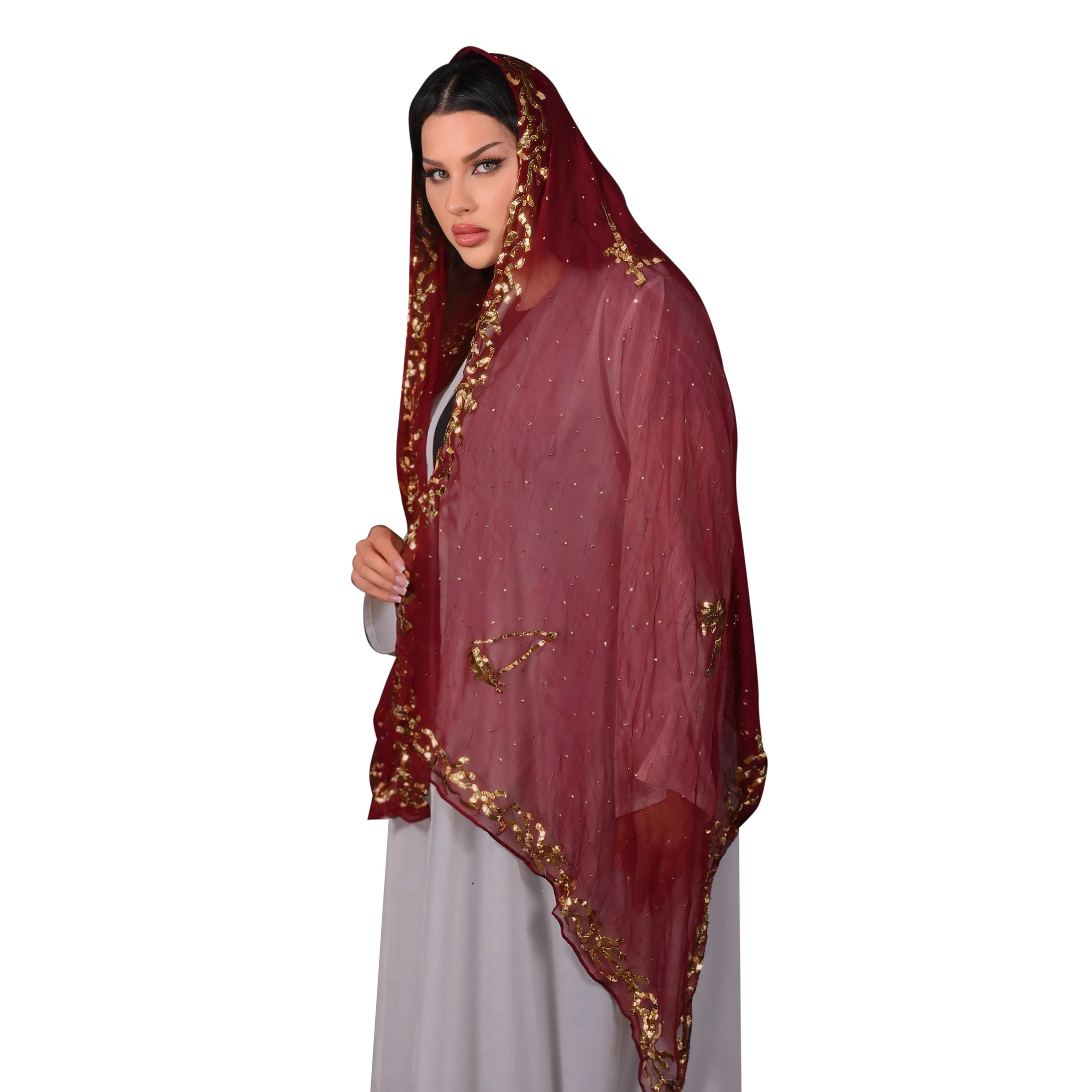 Woman wearing a red embroidered scarf on a white background Qatar national day