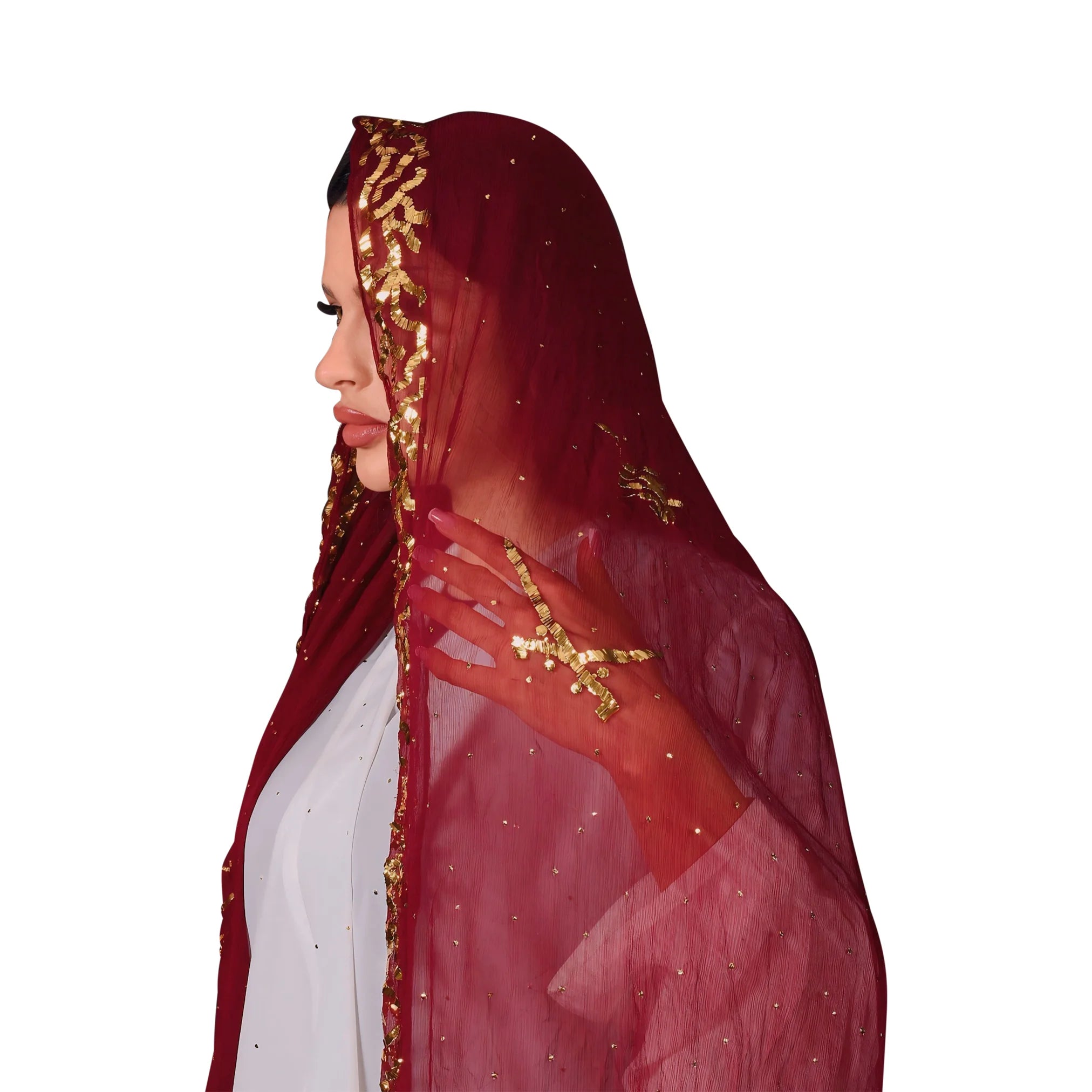 Red veil with gold embroidery on a white background Qatar National Day