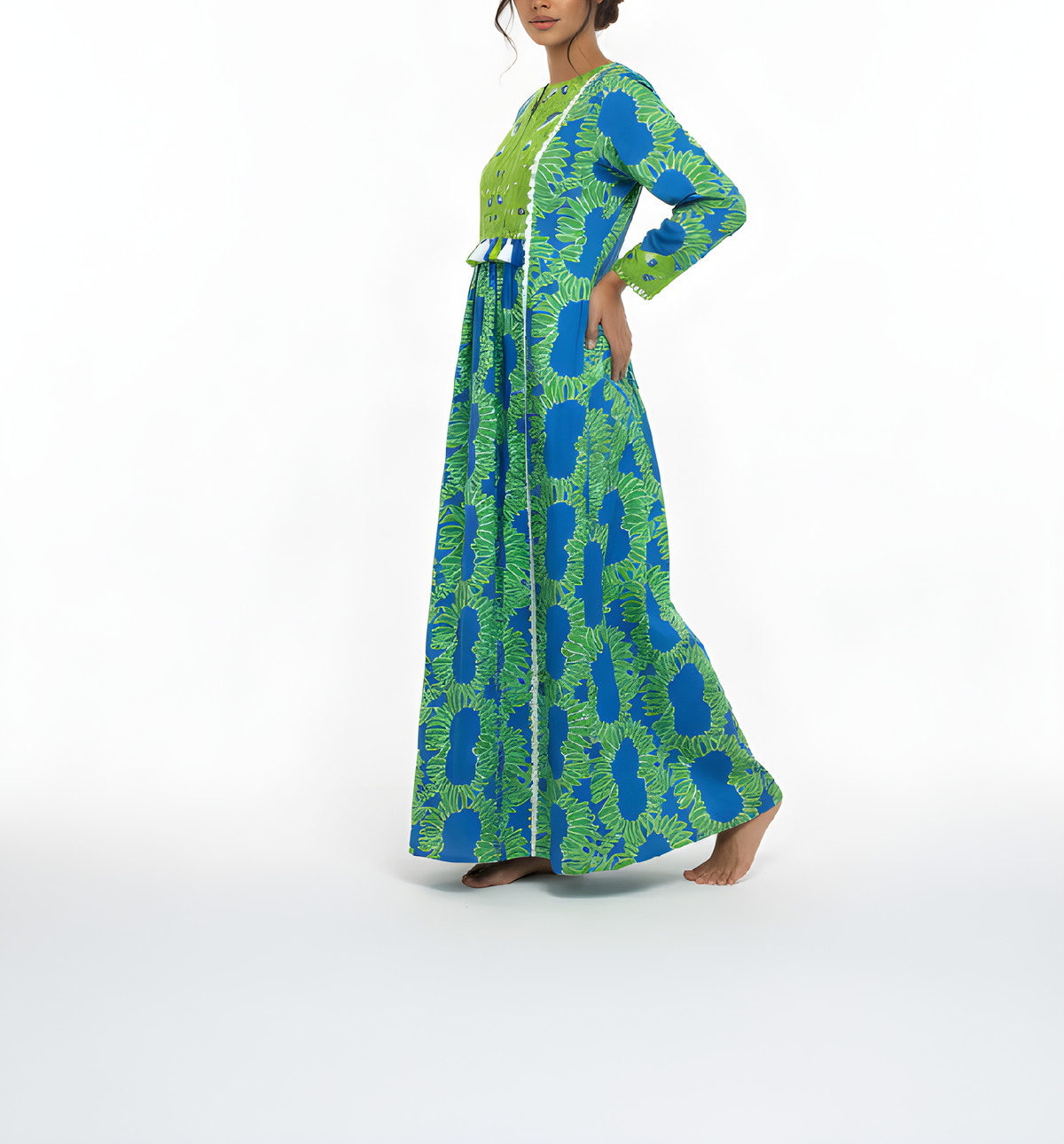 Floral Blue and Green Jalabiya with Tassel Details and Side Pockets