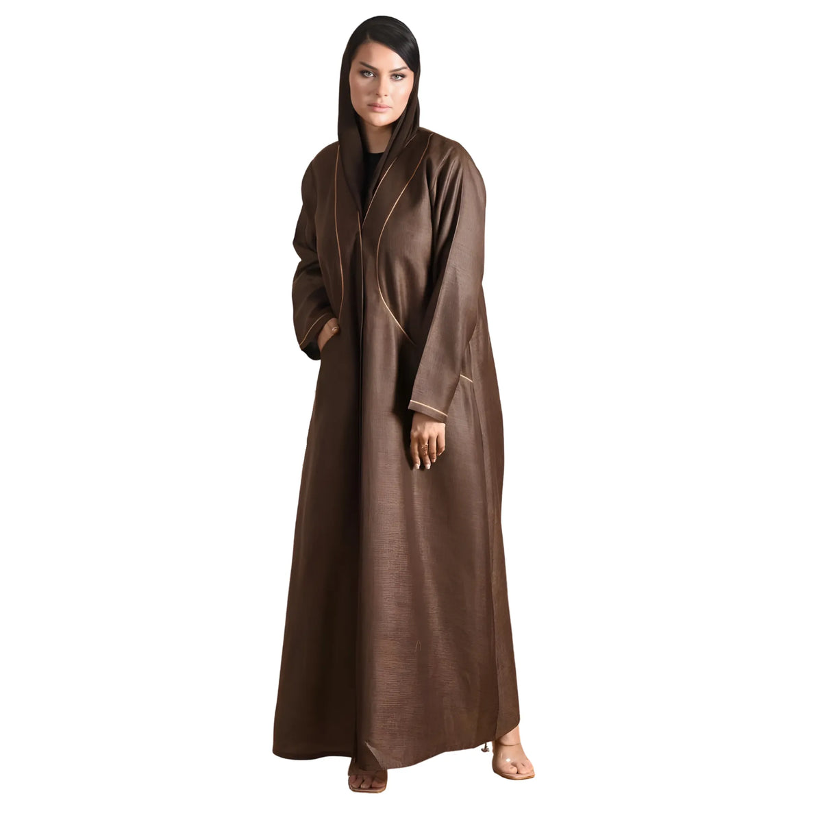 Woman wearing a long choco brown abaya on a white background