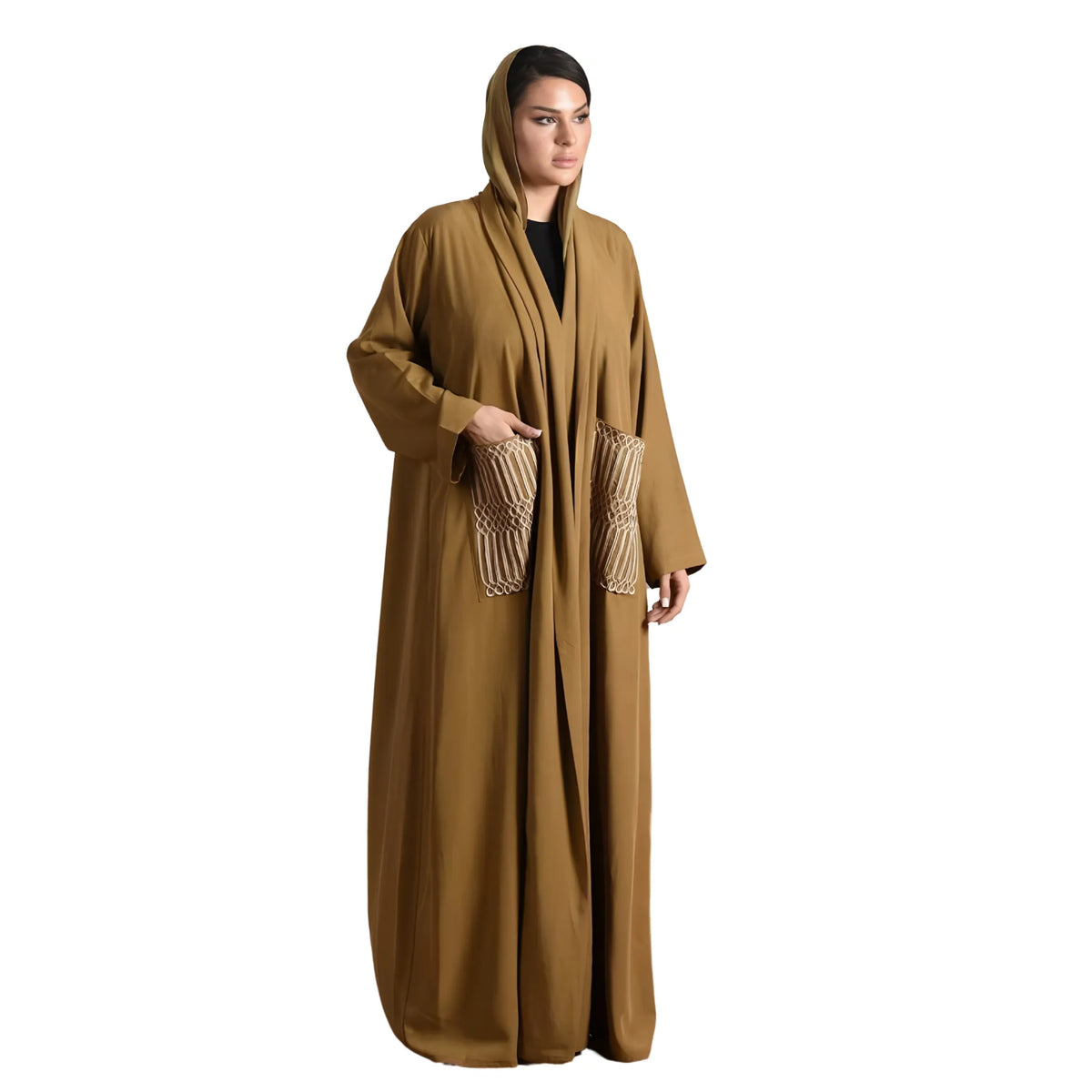 Woman wearing a long olive green abaya with pockets on a white background