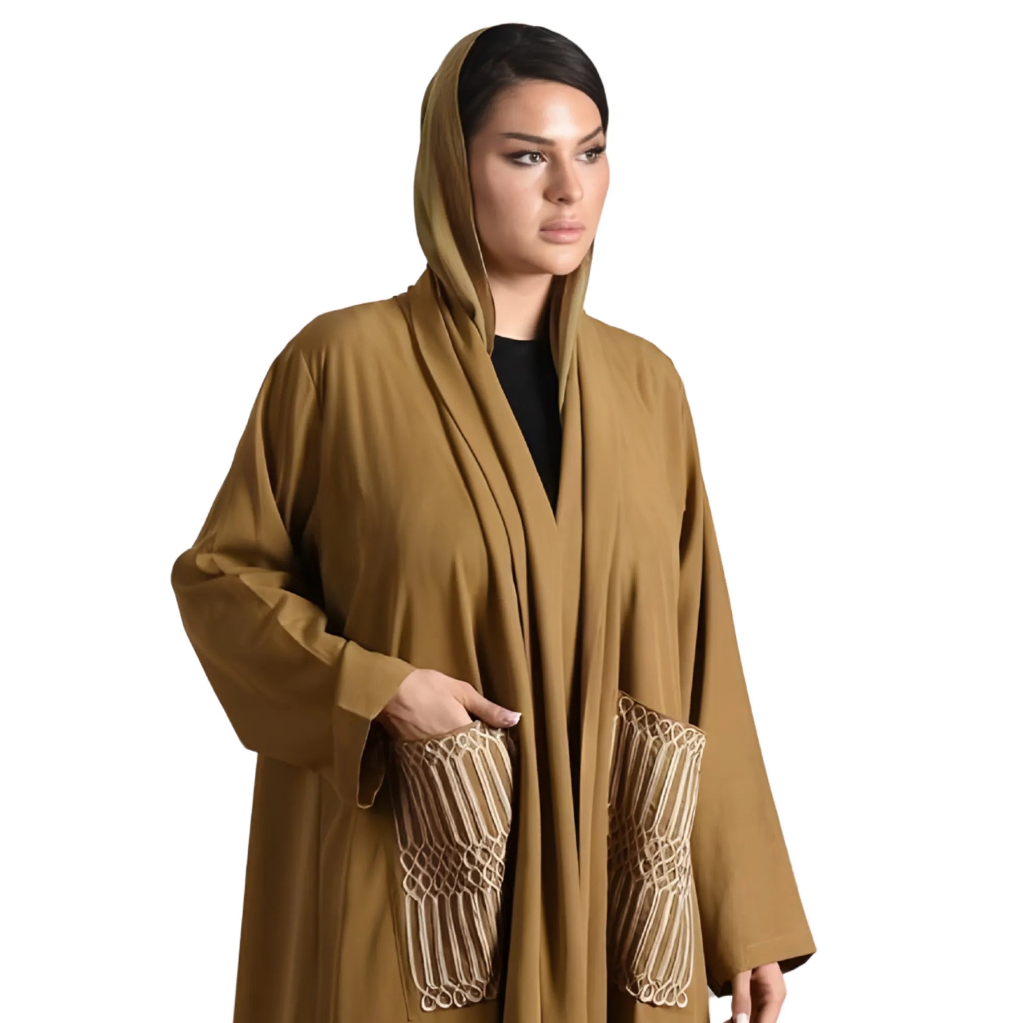 Woman wearing a olive green abaya with intricate detailing on a white background