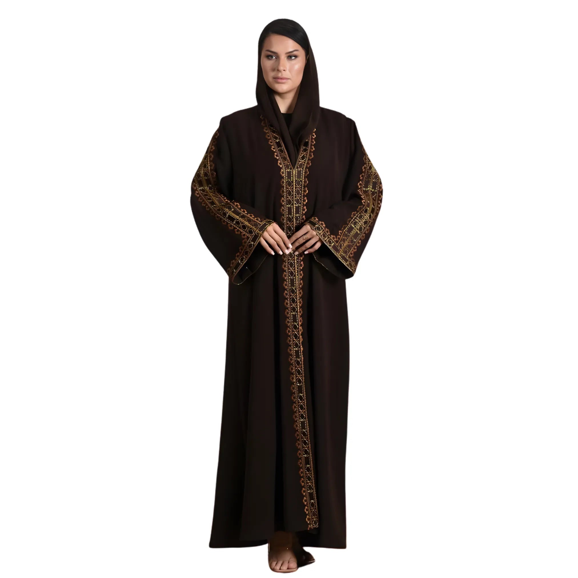 Woman wearing a long dark brown abaya with gold embroidery on a white background