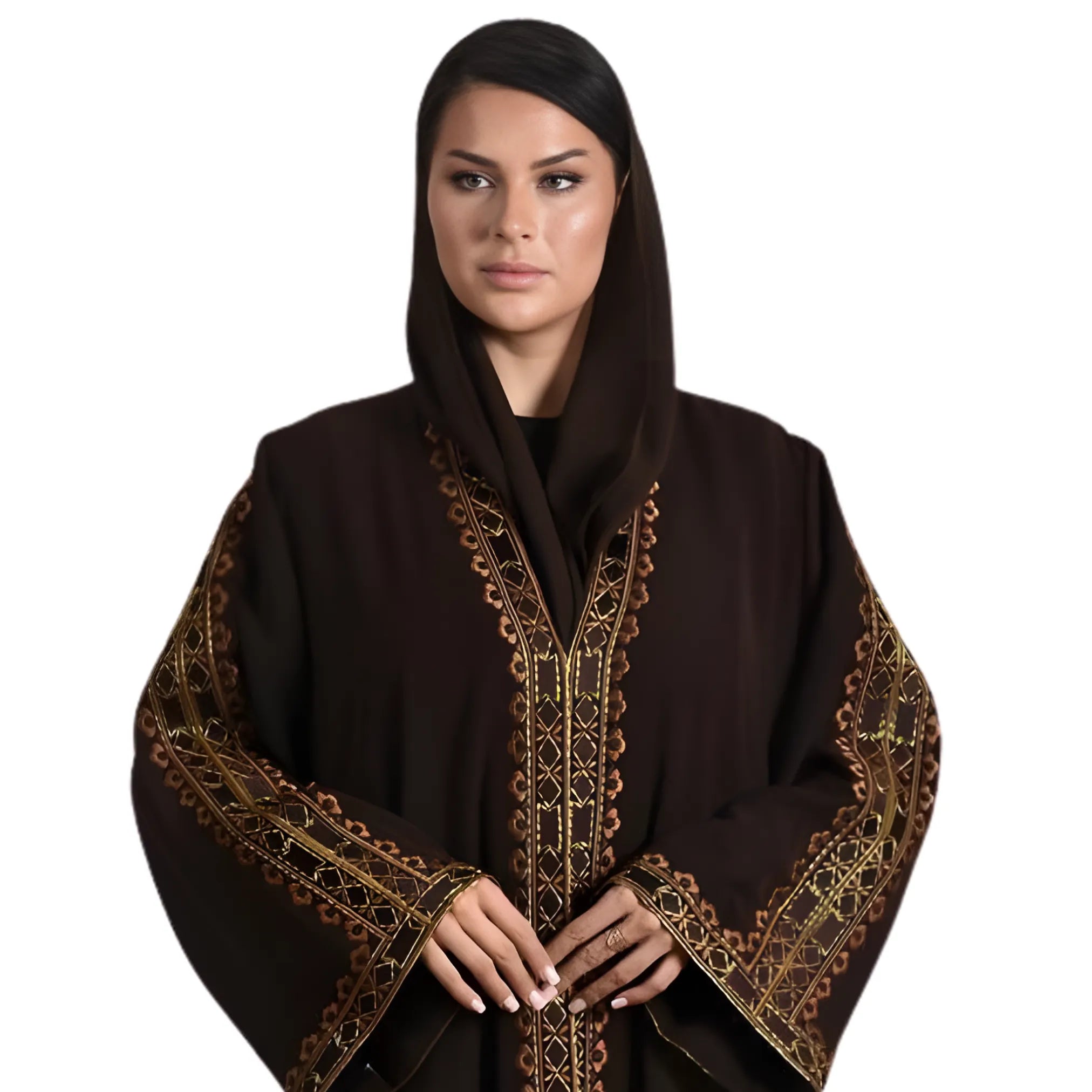Woman wearing a dark brown embroidered abaya on a white background