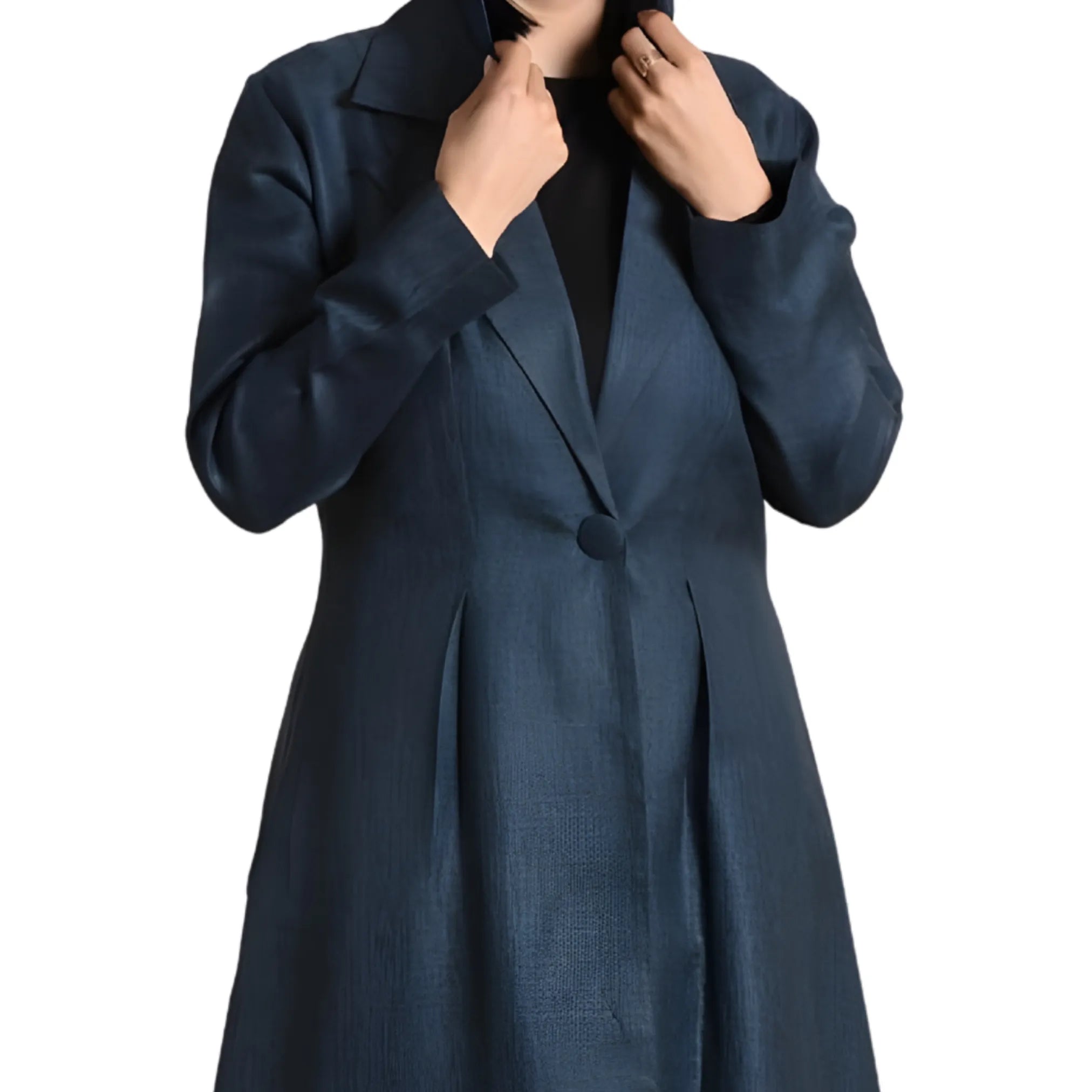 Navy blue abaya worn by a person on a white background