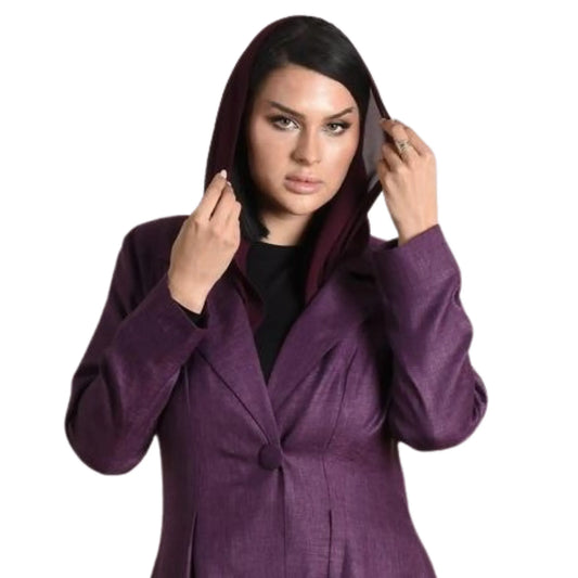 Woman wearing a purple coat abaya with a hood on a white background