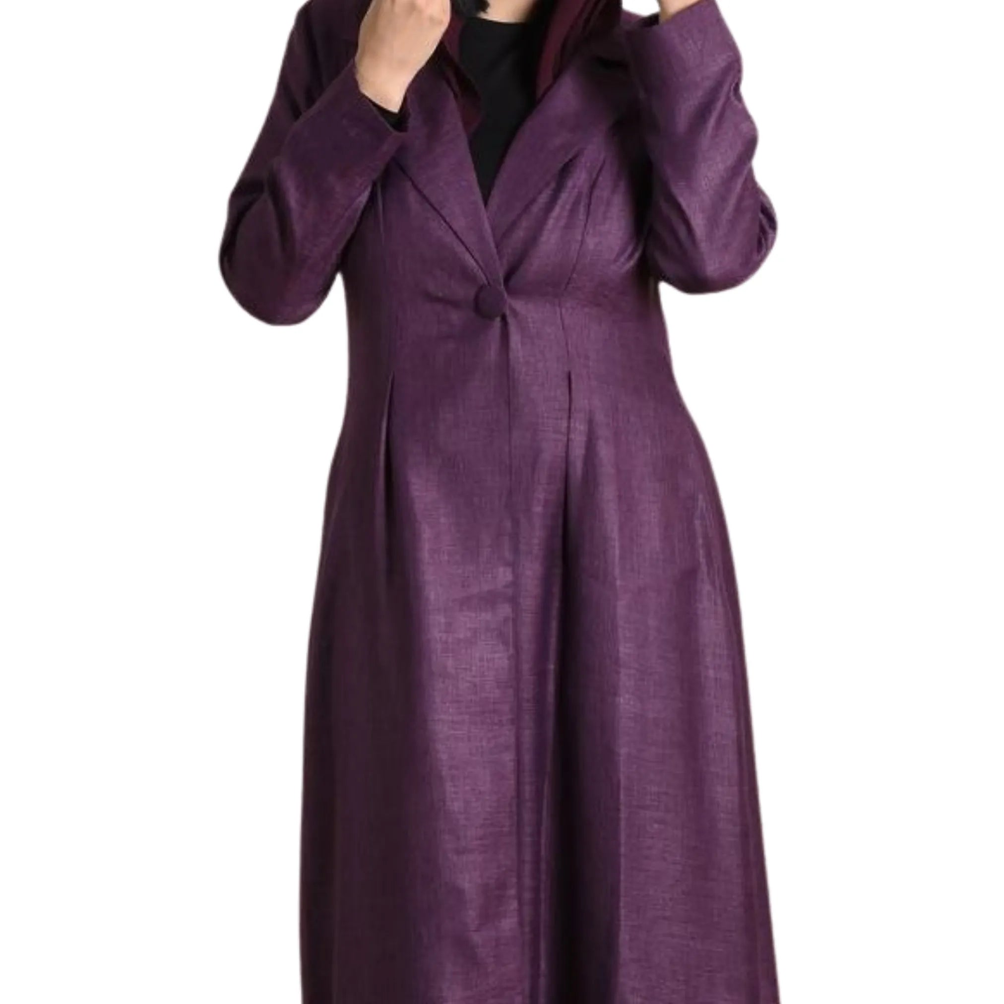 Purple coat abaya with a hood on a white background
