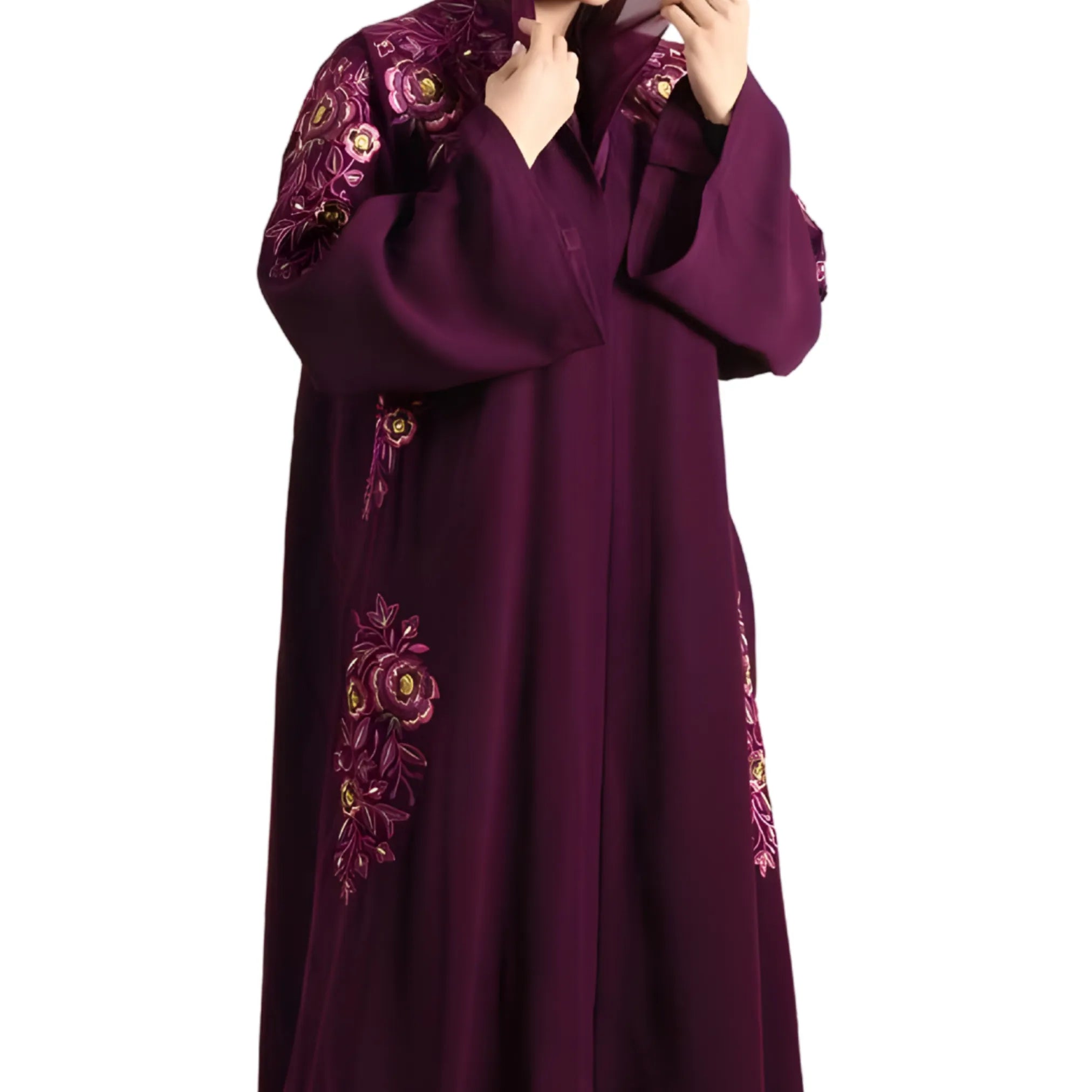 Purple Abaya with floral embroidery on a white background