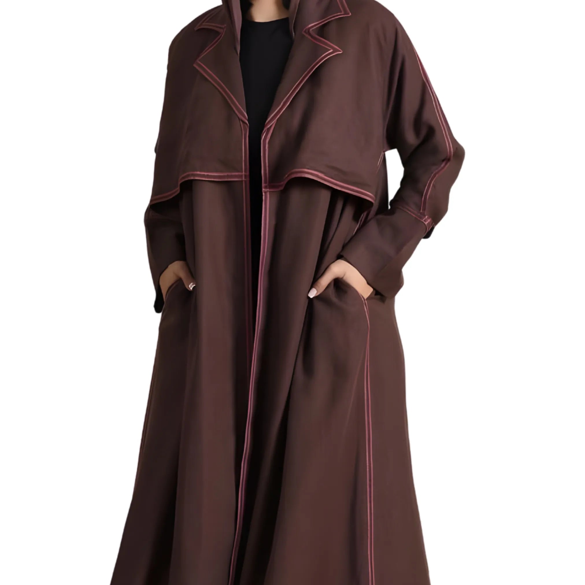 Brown coat Abaya with red trim on a white background