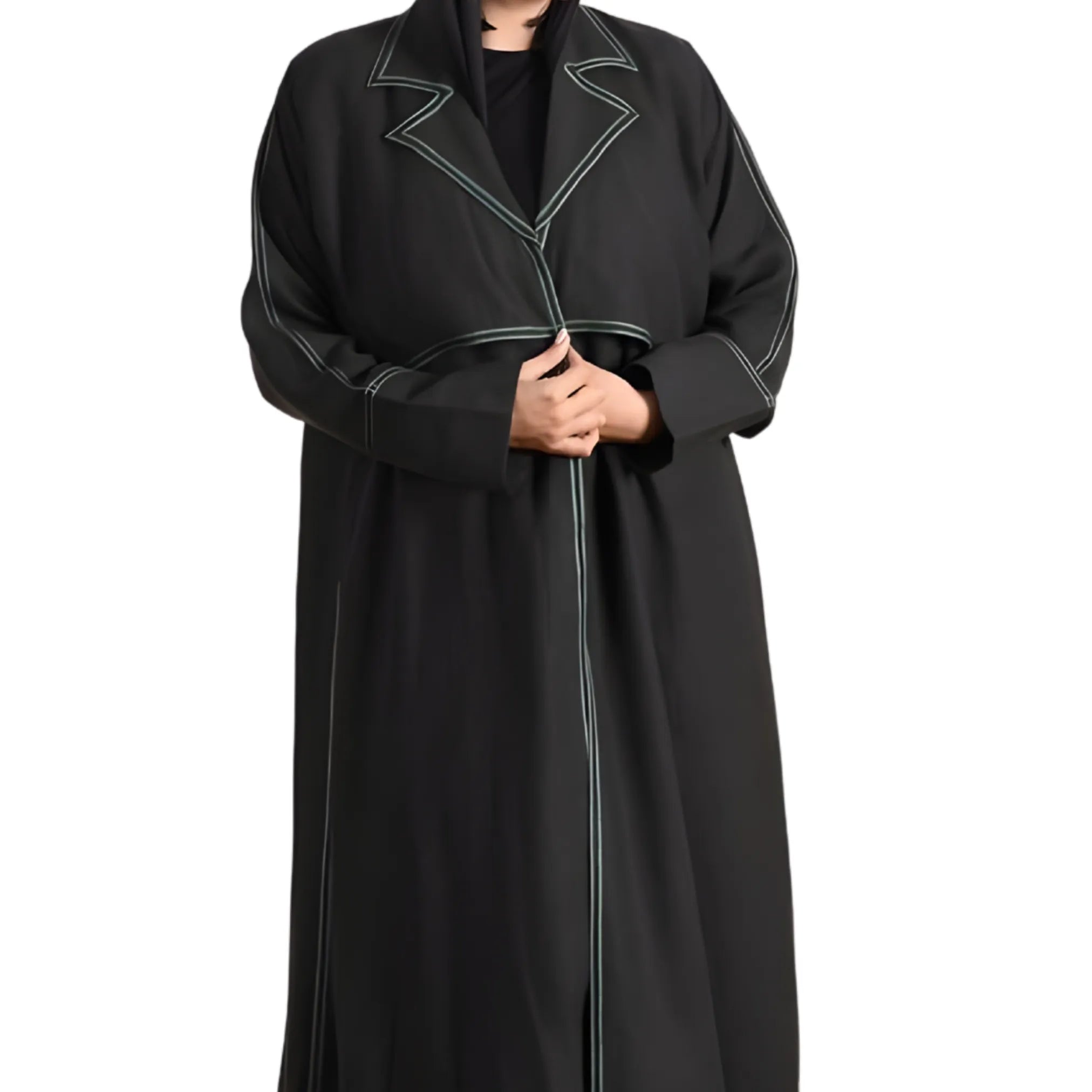 Black Abaya with white piping on a white background