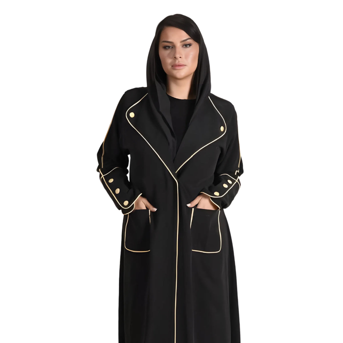 Woman wearing a black Abaya with gold buttons on a white background