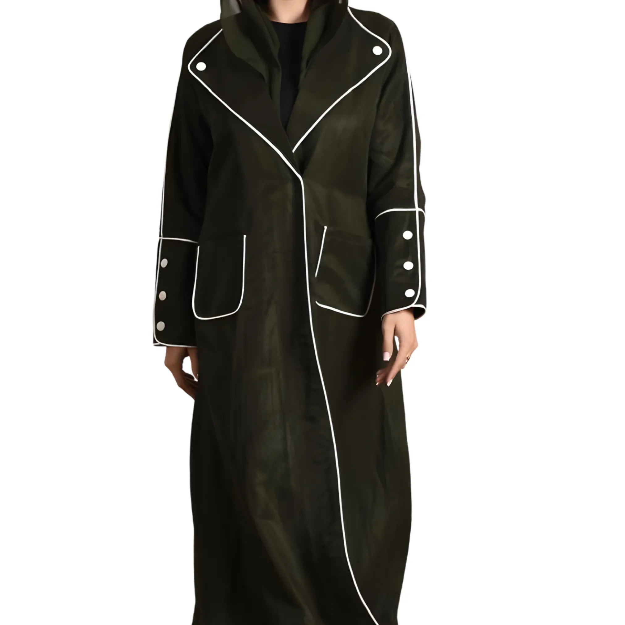 Black coat Abaya with white trim on a white background